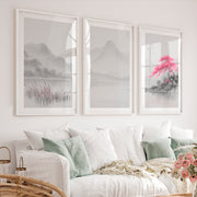 Cherry Blossom Lake Japandi Inspiration - White Framed Poster with White Border - Artworksets