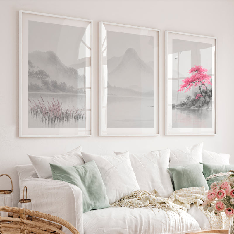 Cherry Blossom Lake Japandi Inspiration - White Framed Poster with White Border - Artworksets