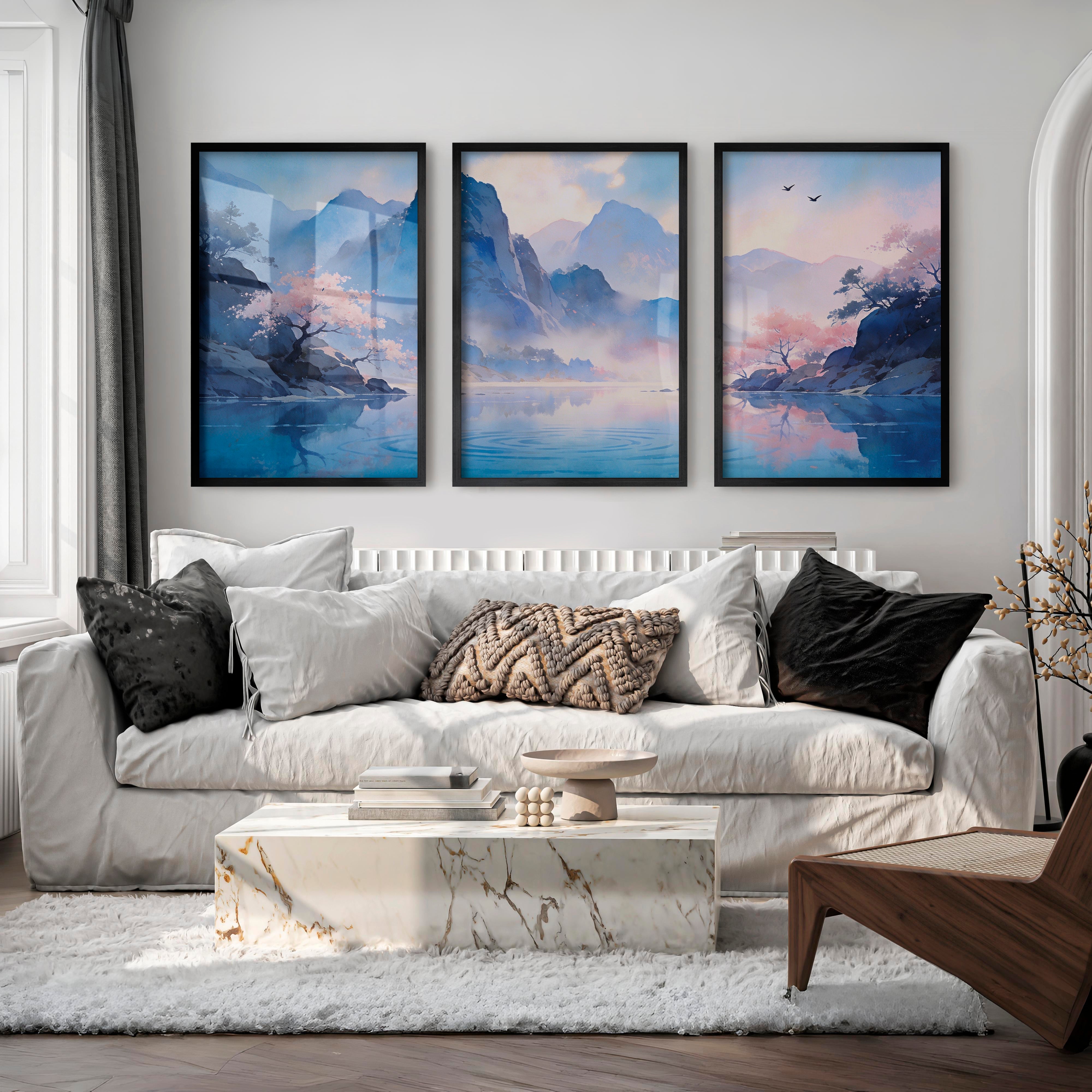Blossom Lake Mountain japandi inspiration Art - Black Framed Poster No Border - Artworksets