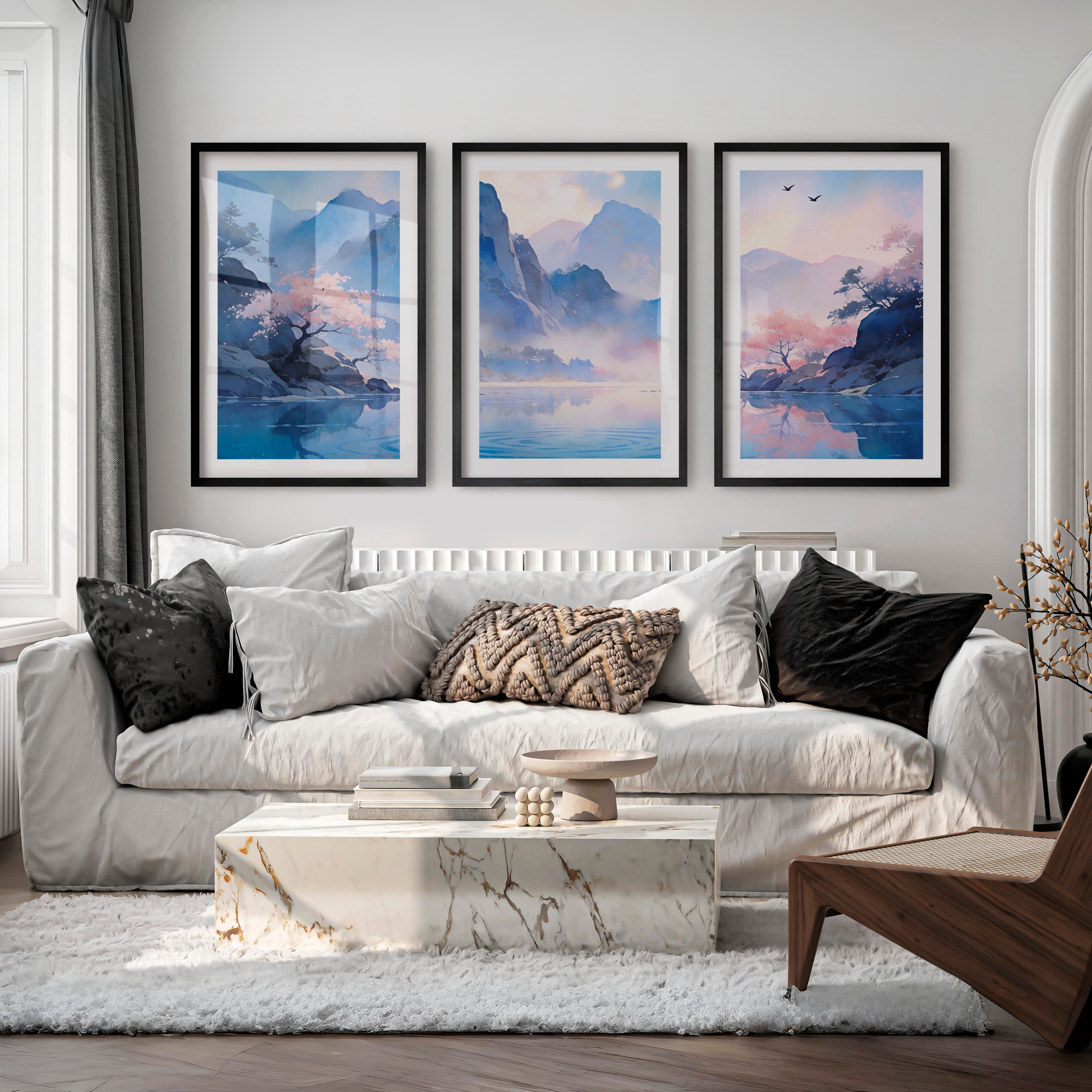 Blossom Lake Mountain japandi inspiration Art - Black Framed Poster with White Border - Artworksets