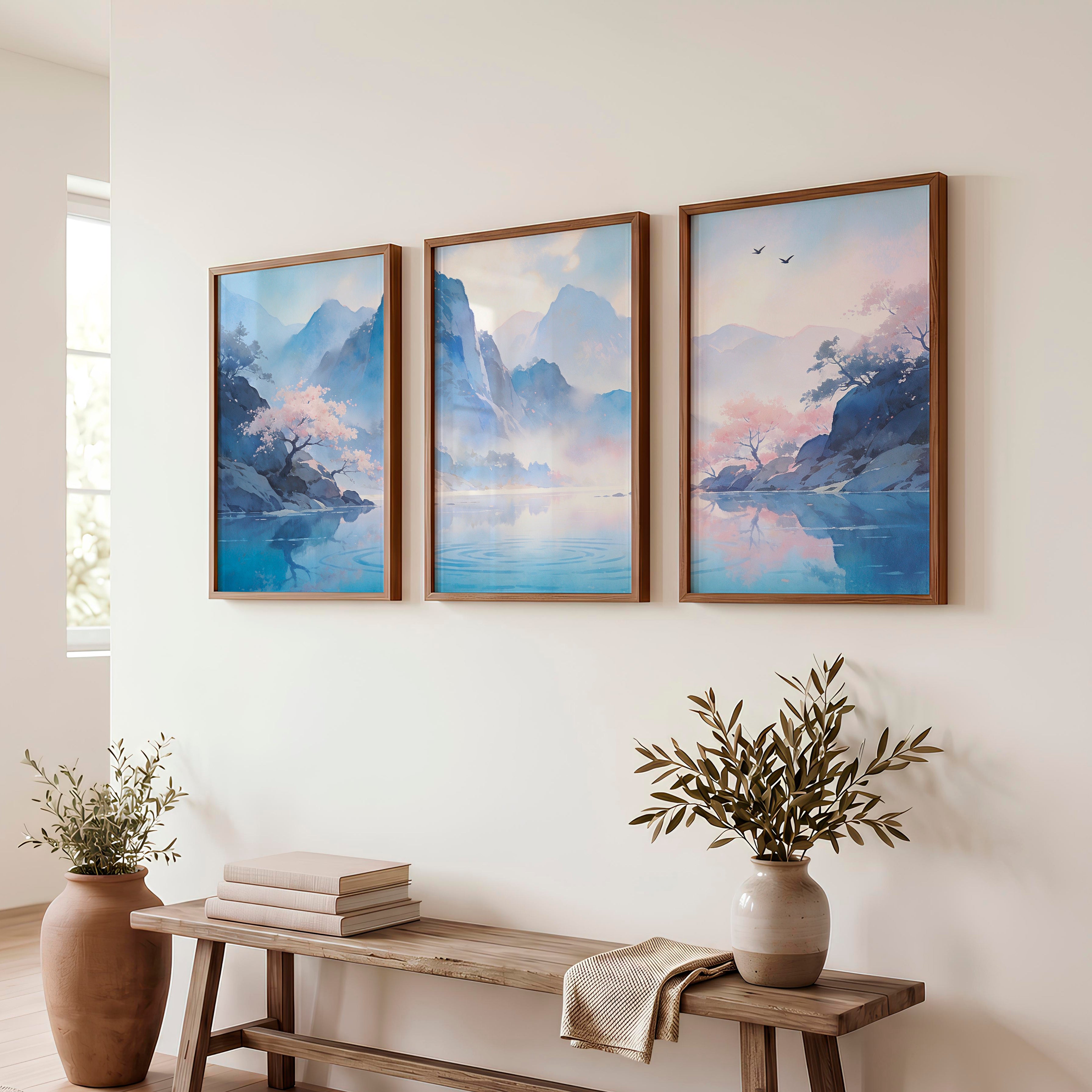 Blossom Lake Mountain japandi inspiration Art - Dark Brown Framed Poster No Border - Artworksets