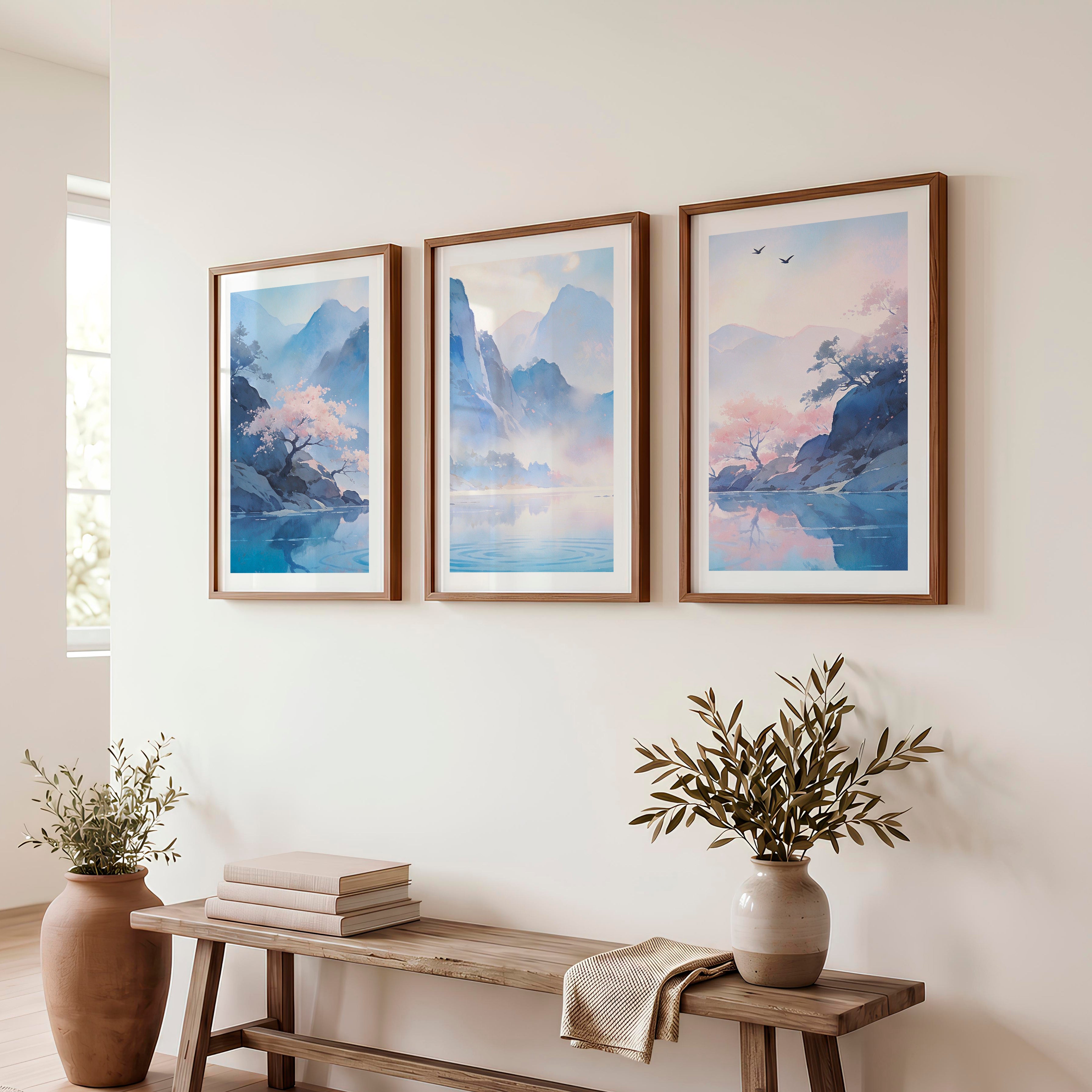Blossom Lake Mountain japandi inspiration Art - Dark Brown Framed Poster with White Border - Artworksets