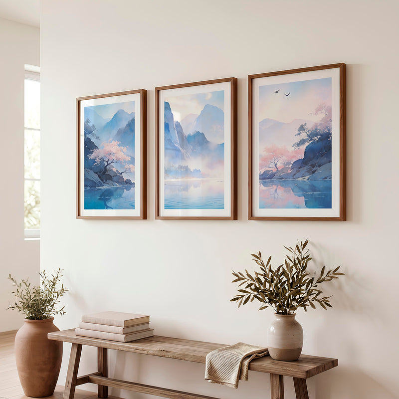 Blossom Lake Mountain japandi inspiration Art - Dark Brown Framed Poster with White Border - Artworksets
