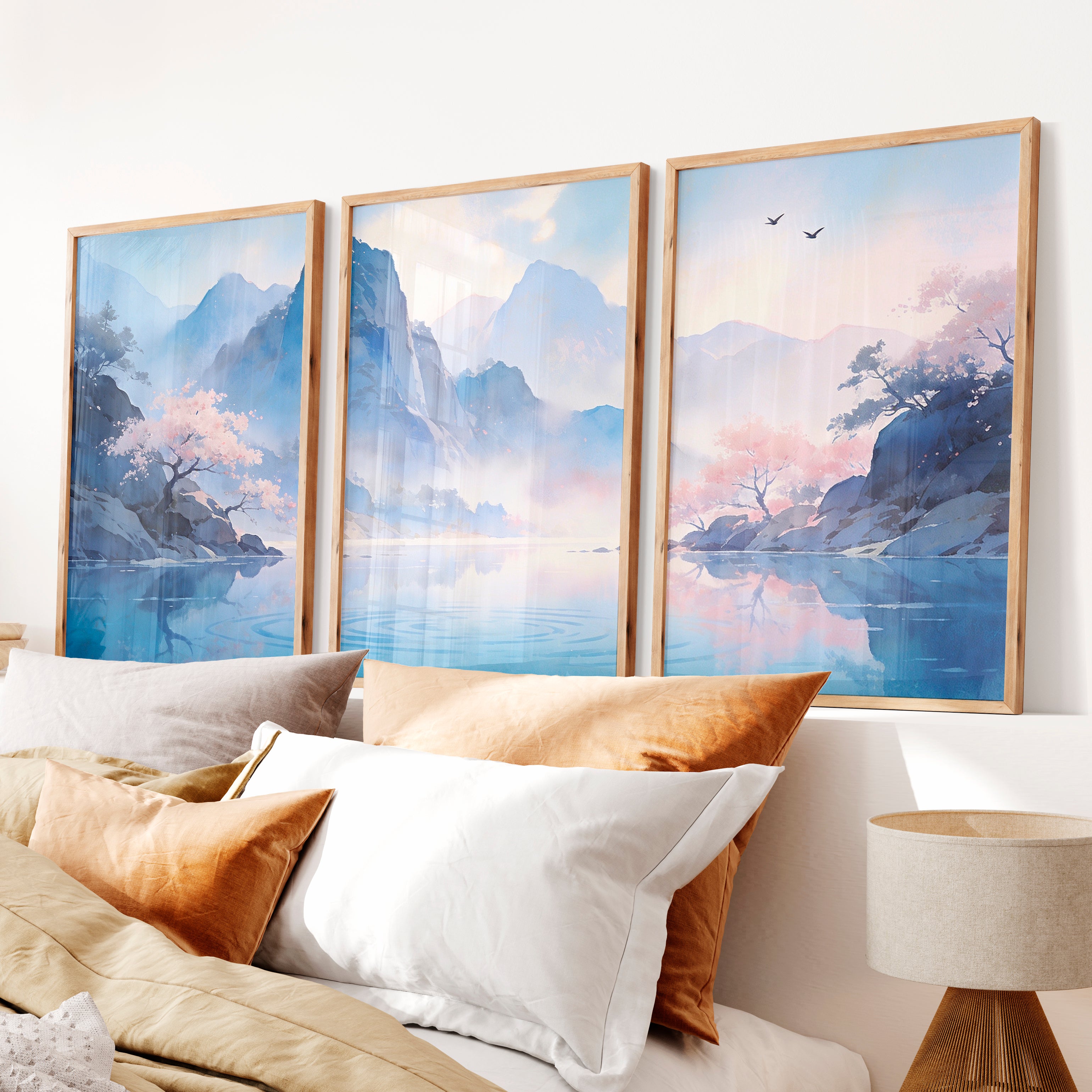 Blossom Lake Mountain japandi inspiration Art - Natural Wood Framed Poster No Border - Artworksets