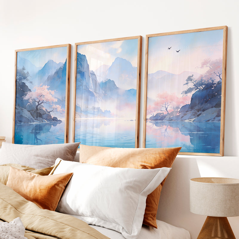 Blossom Lake Mountain japandi inspiration Art - Natural Wood Framed Poster No Border - Artworksets