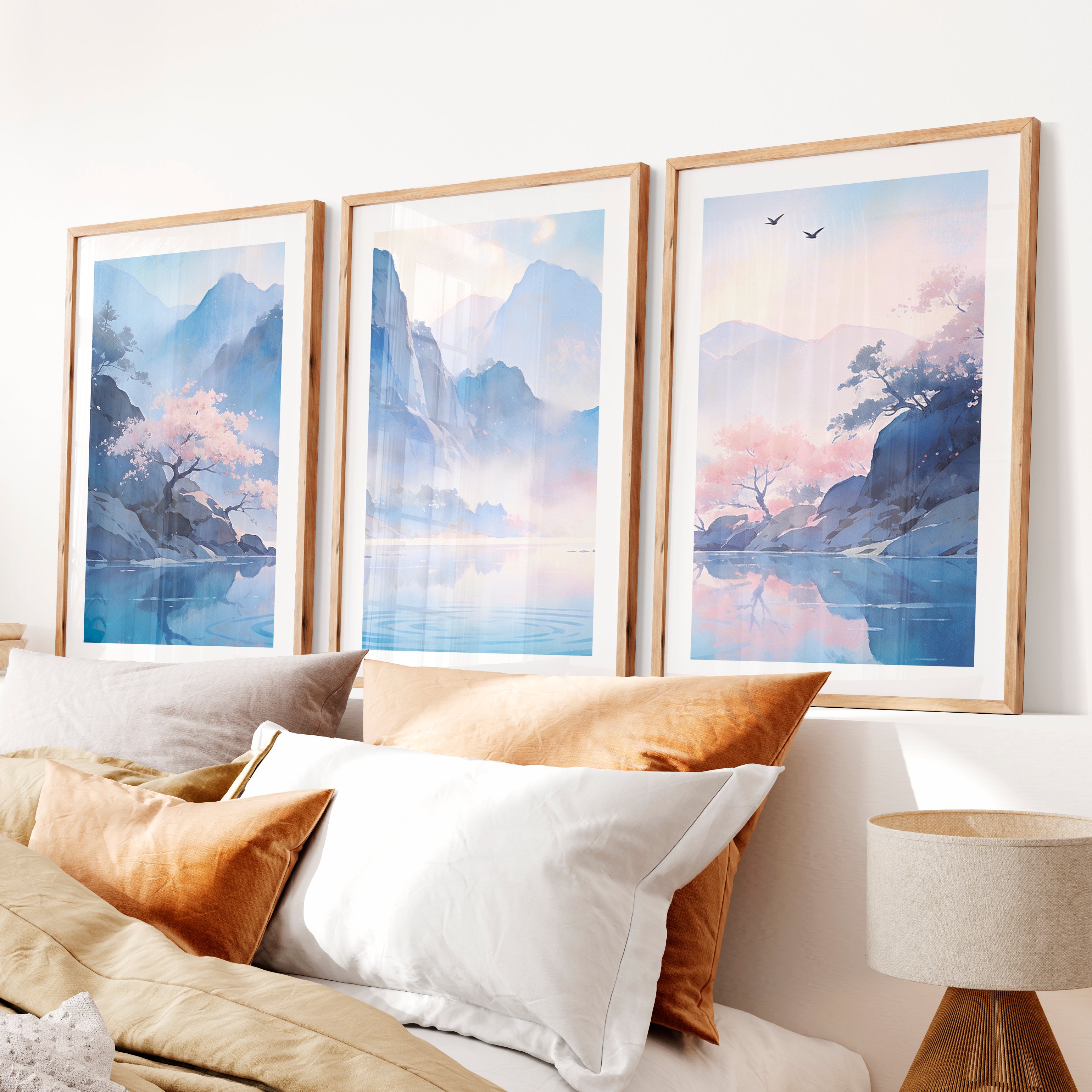 Blossom Lake Mountain japandi inspiration Art- Natural Wood Framed Poster with White Border - Artworksets