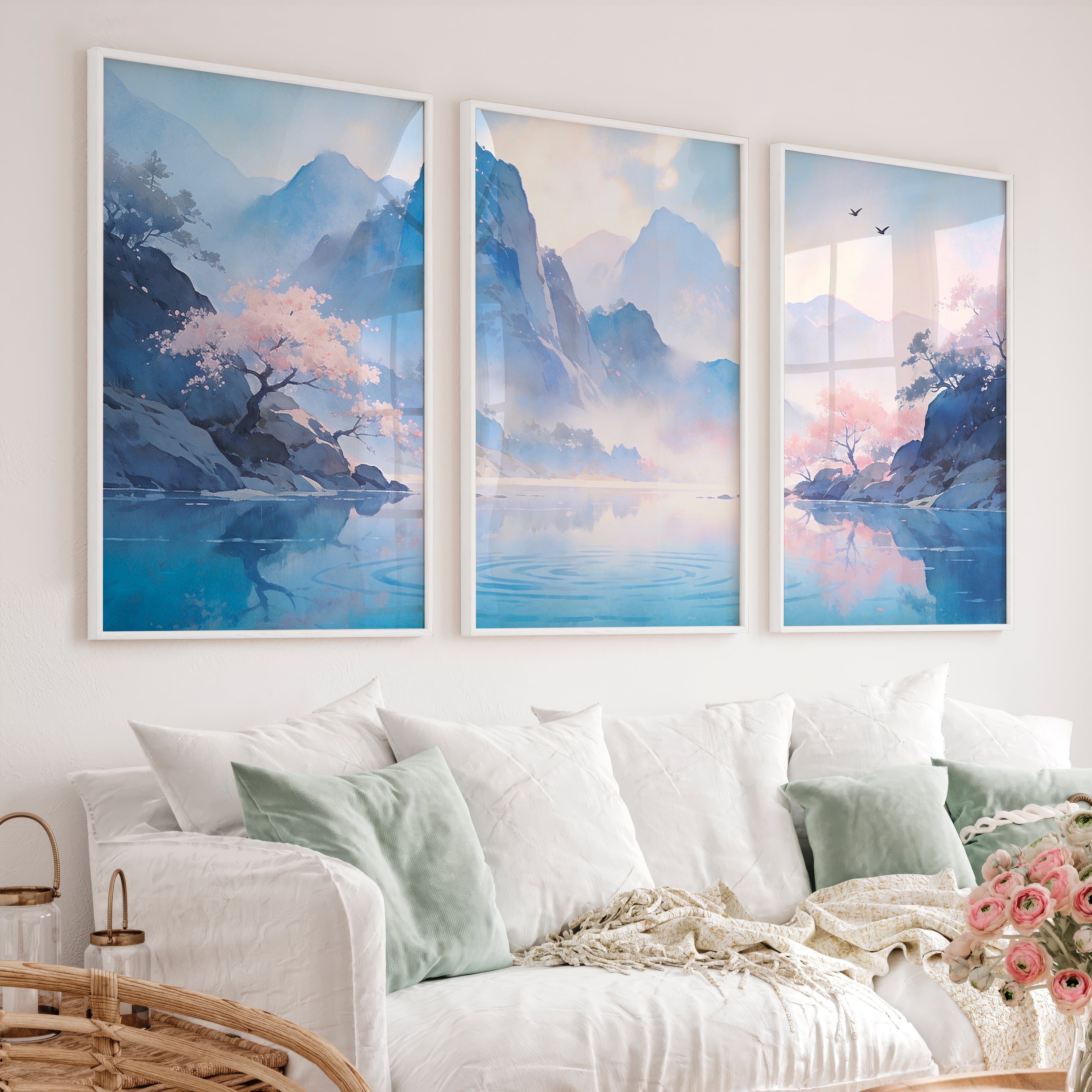 Blossom Lake Mountain japandi inspiration Art - White Framed Poster No Border - Artworksets