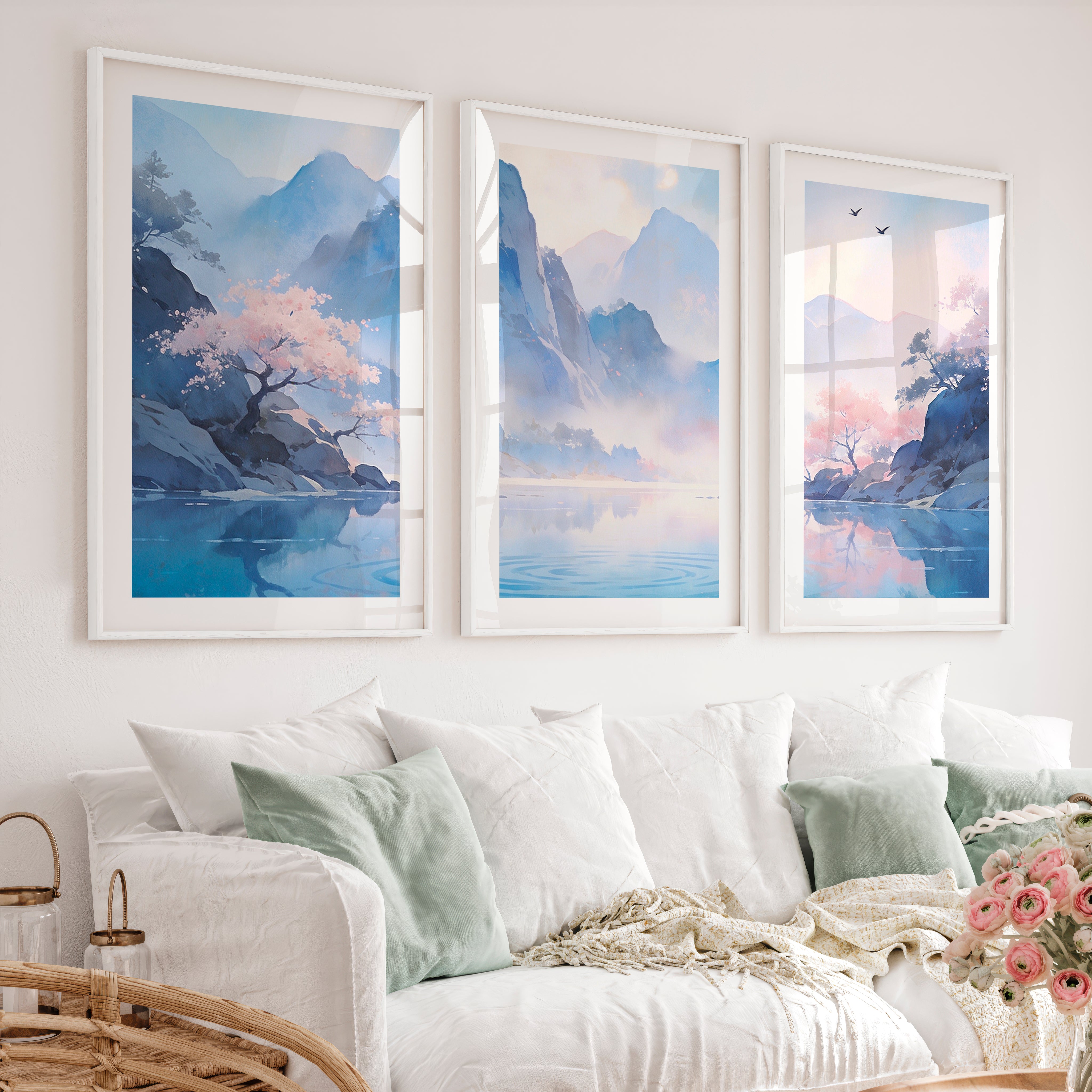 Blossom Lake Mountain japandi inspiration Art - White Framed Poster with White Border - Artworksets