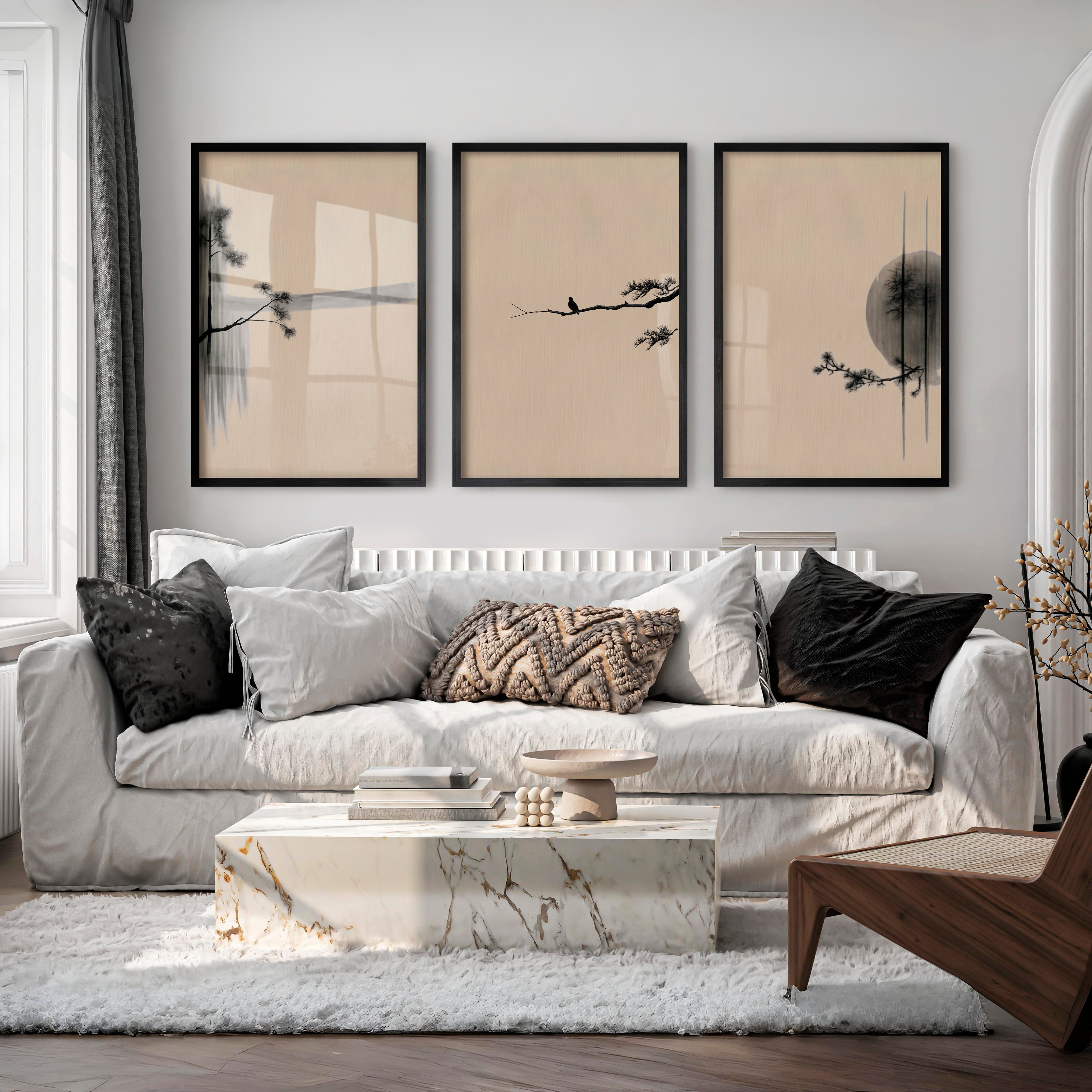 Bird on Pine Branch japandi interior Wall Art - Black Framed Poster No Border - Artworksets