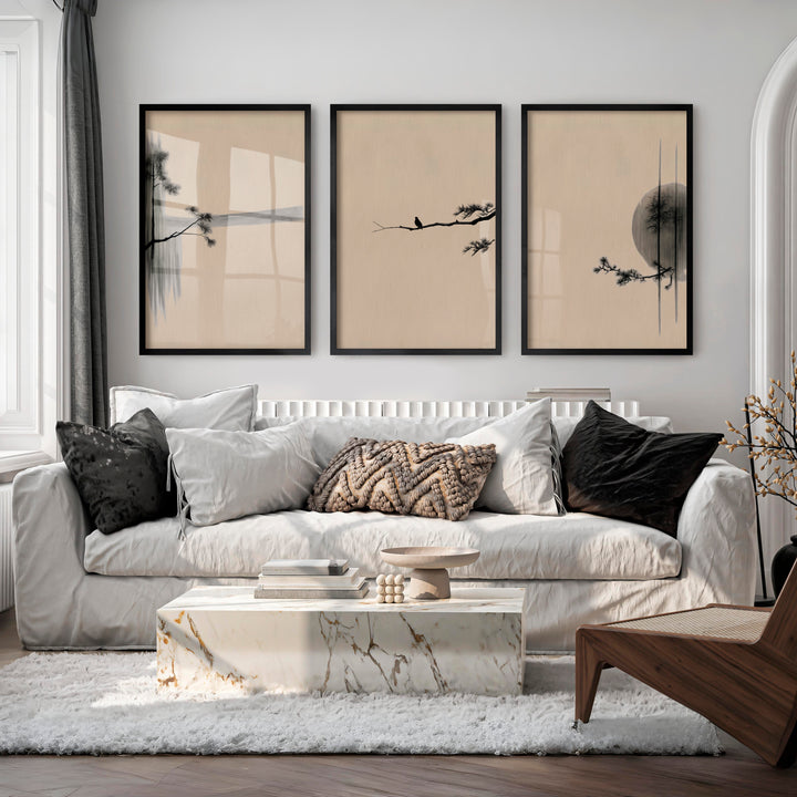 Bird on Pine Branch japandi interior Wall Art - Black Framed Poster No Border - Artworksets