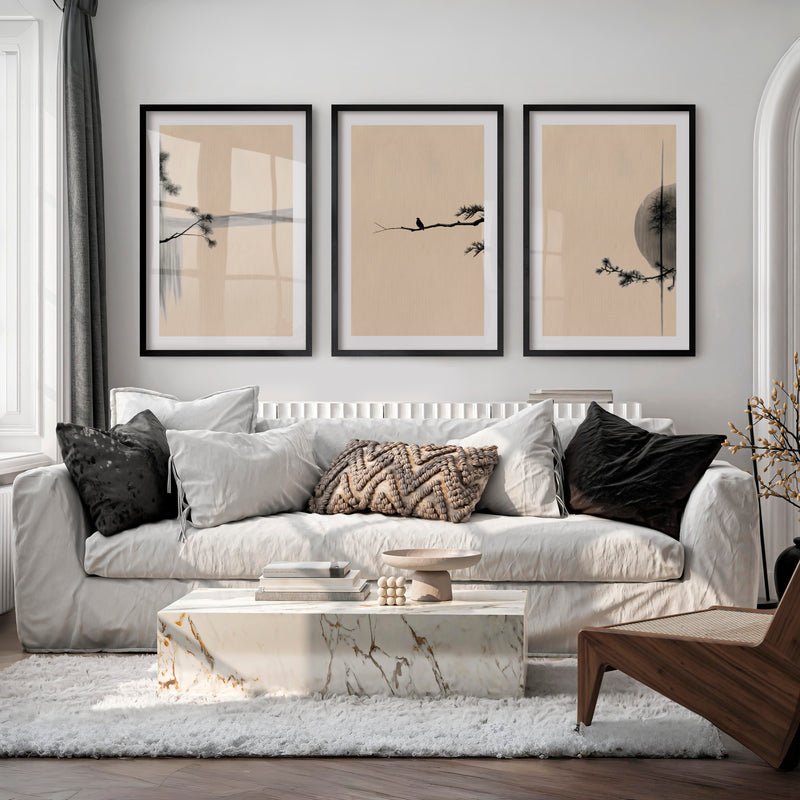 Bird on Pine Branch japandi interior Wall Art - Black Framed Poster with White Border - Artworksets
