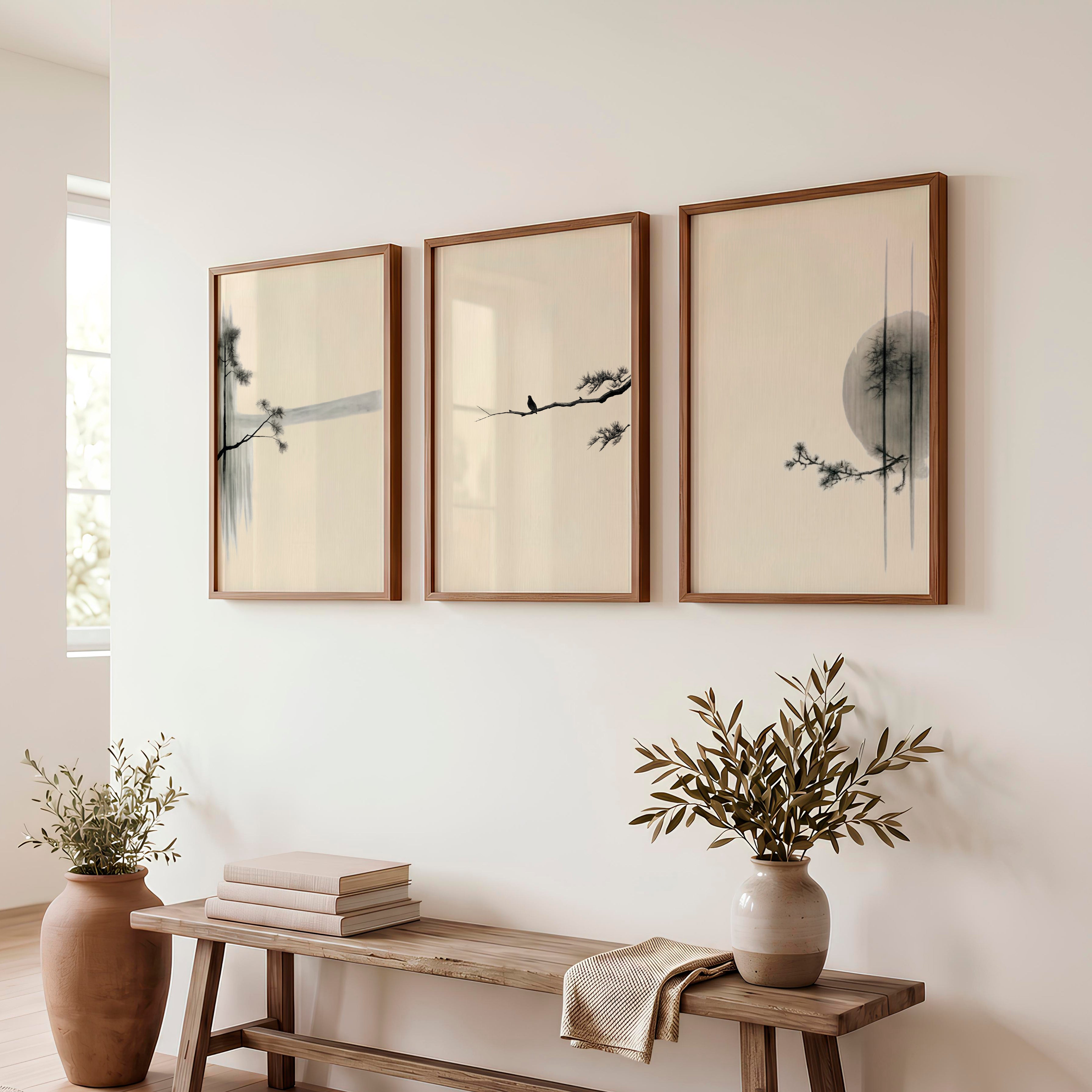 Bird on Pine Branch japandi interior Wall Art - Dark Brown Framed Poster No Border - Artworksets