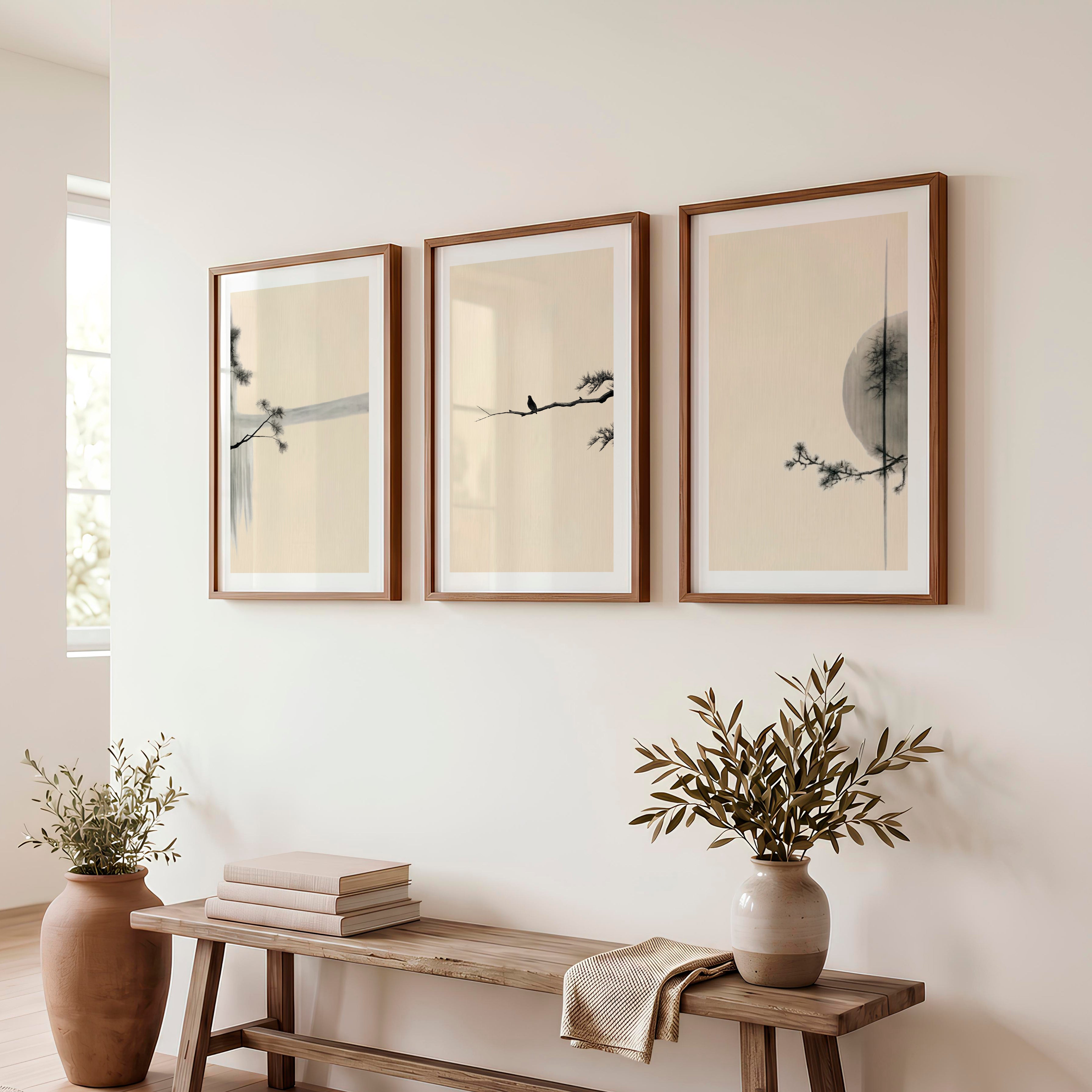 Bird on Pine Branch japandi interior Wall Art - Dark Brown Framed Poster with White Border - Artworksets
