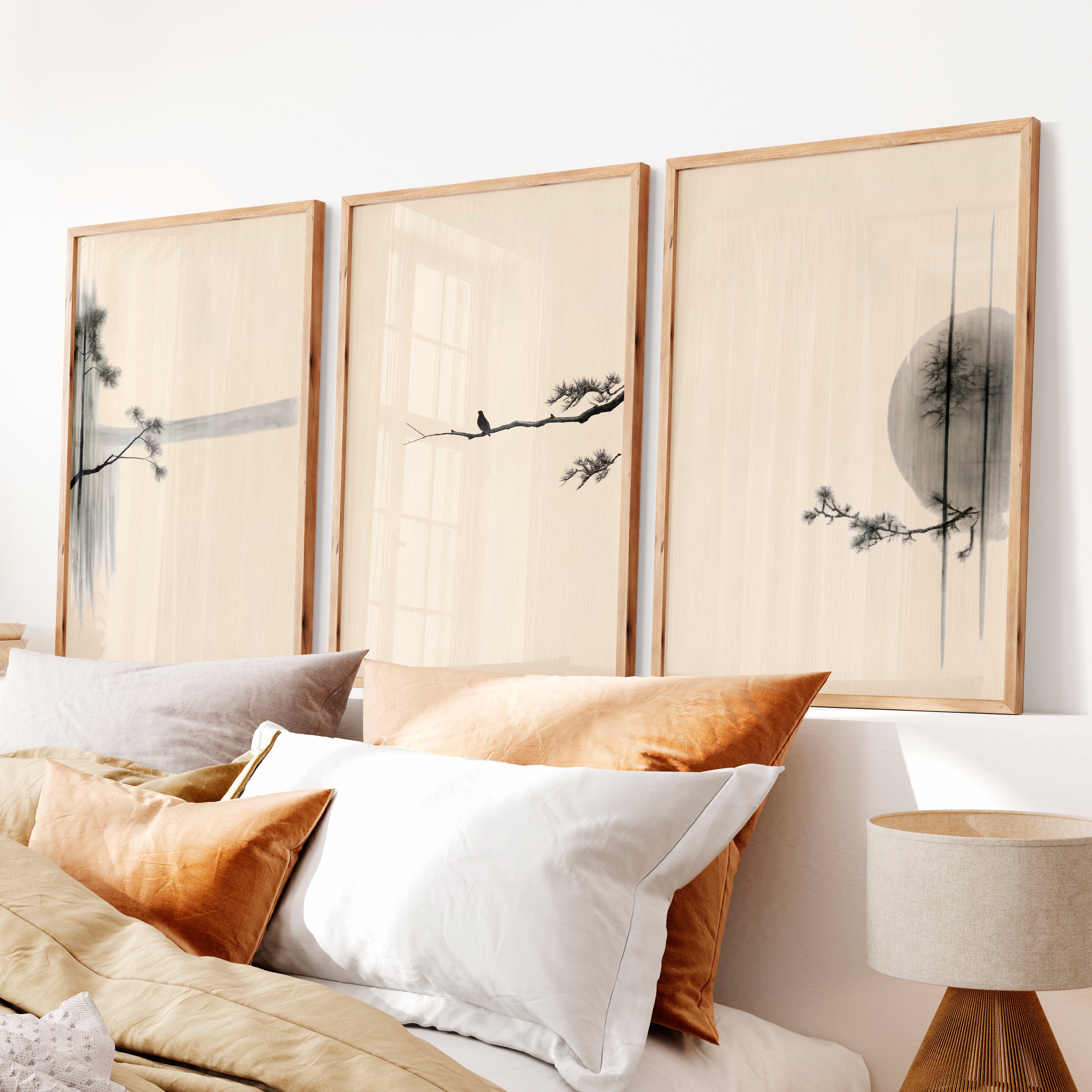 Bird on Pine Branch japandi interior Wall Art - Natural Wood Framed Poster No Border - Artworksets