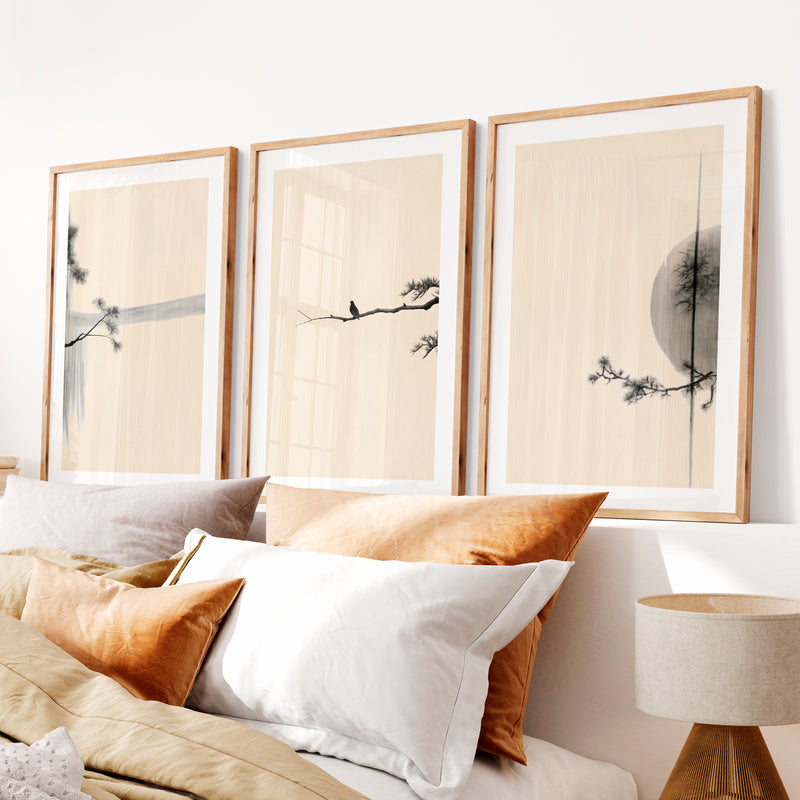 Bird on Pine Branch japandi interior Wall Art- Natural Wood Framed Poster with White Border - Artworksets