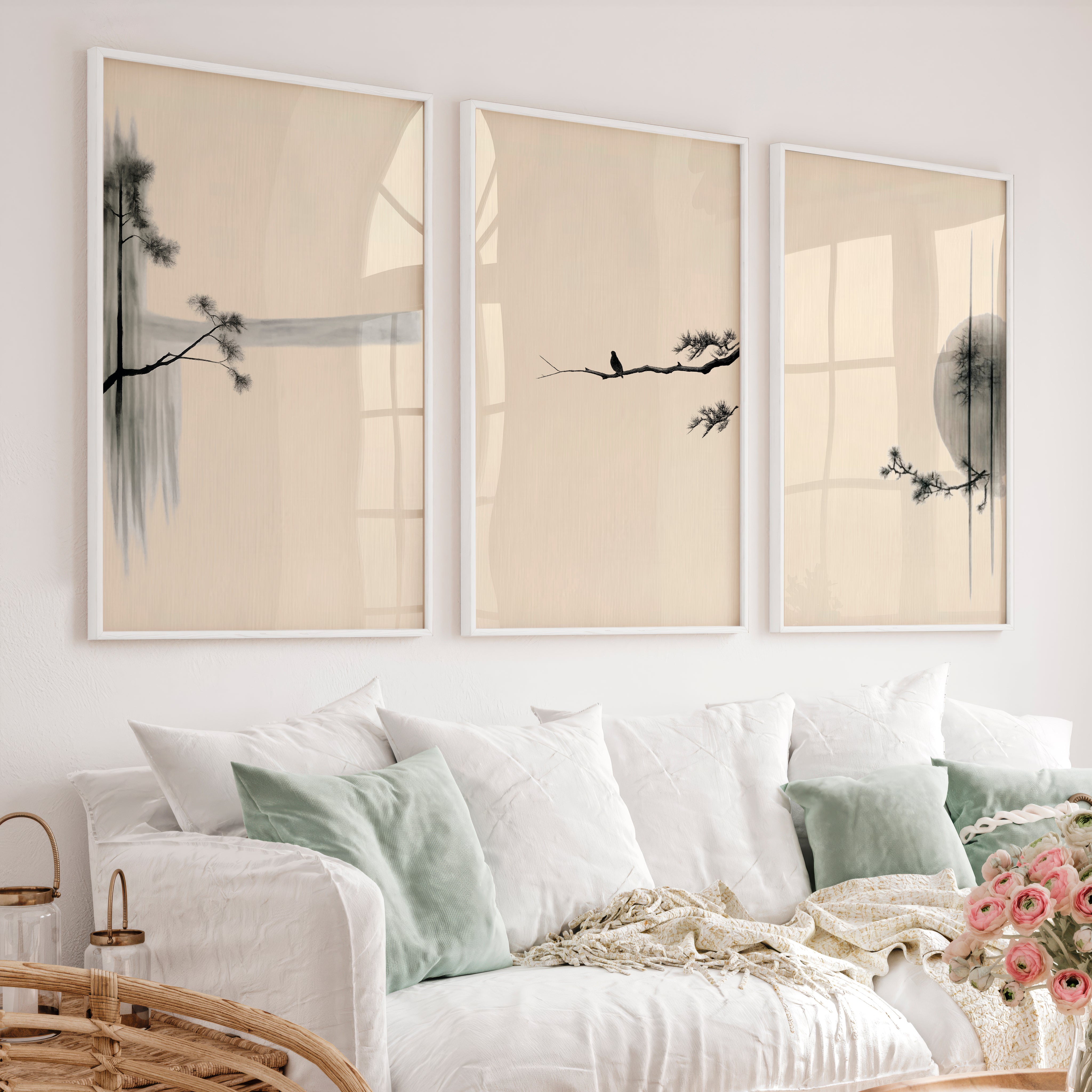 Bird on Pine Branch japandi interior Wall Art - White Framed Poster No Border - Artworksets
