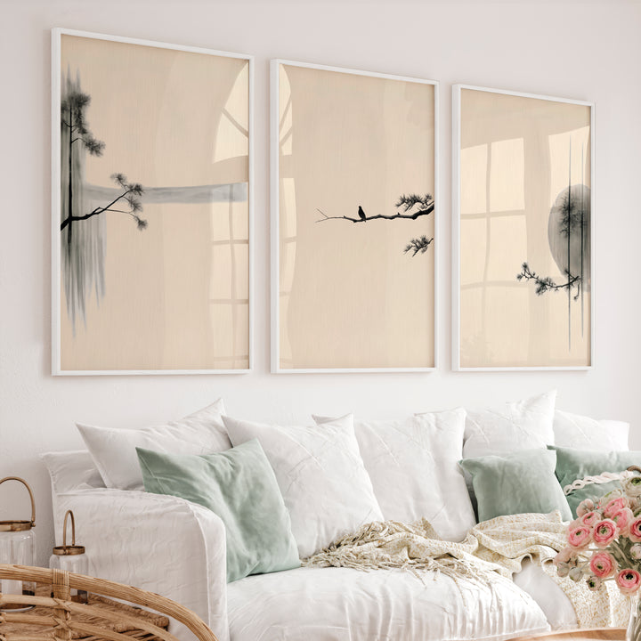 Bird on Pine Branch japandi interior Wall Art - White Framed Poster No Border - Artworksets