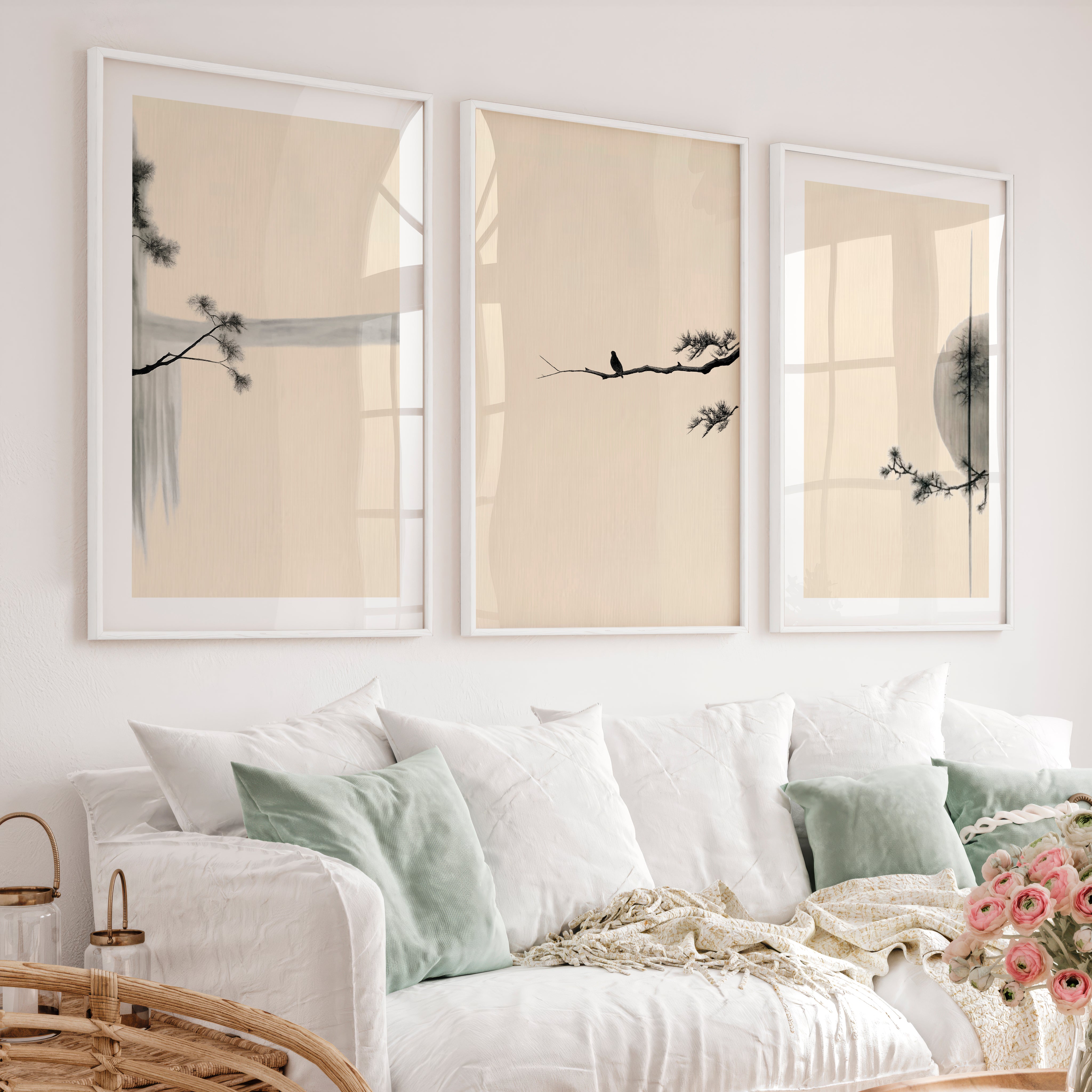 Bird on Pine Branch japandi interior Wall Art - White Framed Poster with White Border - Artworksets