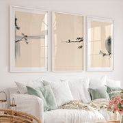 Bird on Pine Branch japandi interior Wall Art - White Framed Poster with White Border - Artworksets