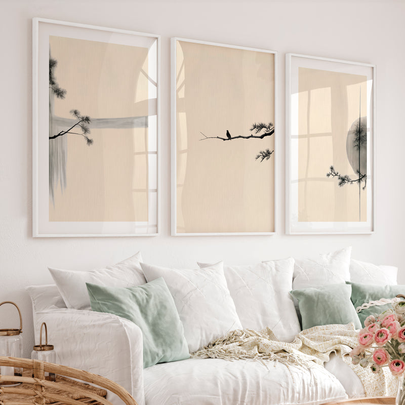 Bird on Pine Branch japandi interior Wall Art - White Framed Poster with White Border - Artworksets