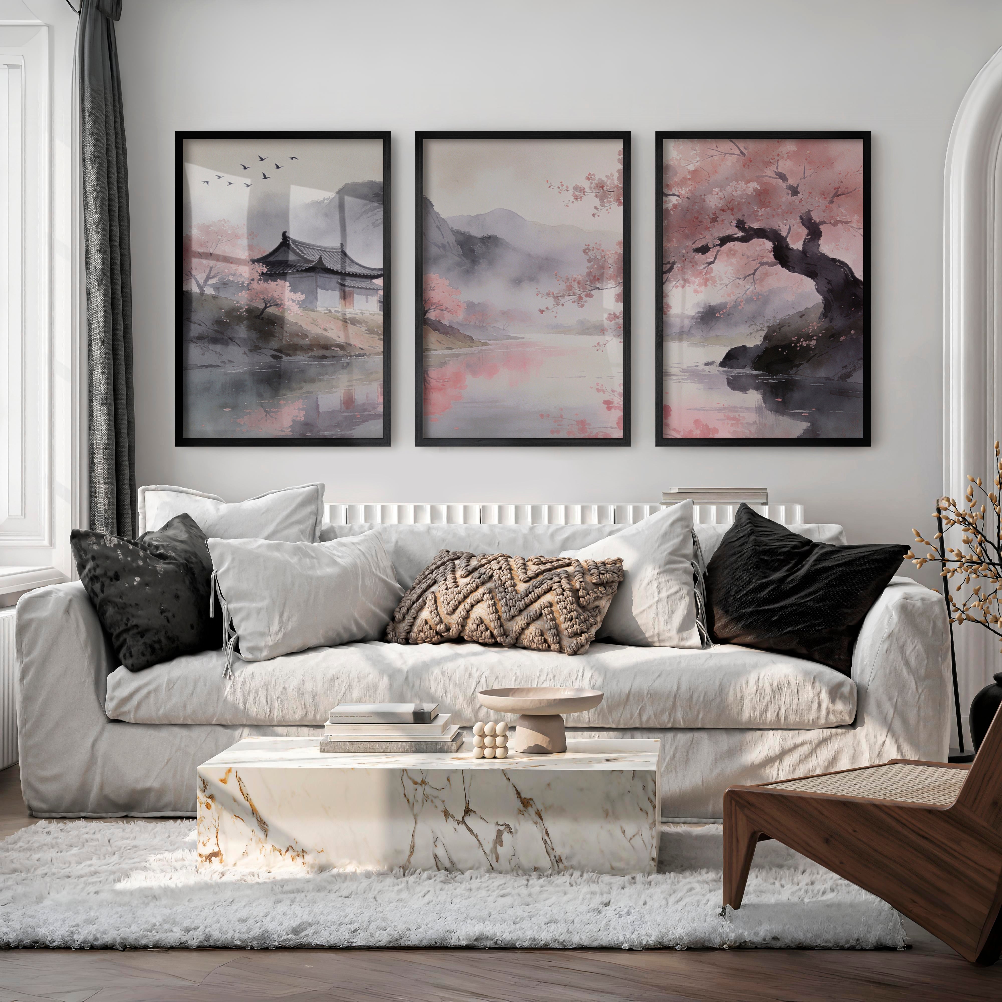 Cherry Blossom Pavilion japandi interior - Black Framed Poster No Border - Artworksets