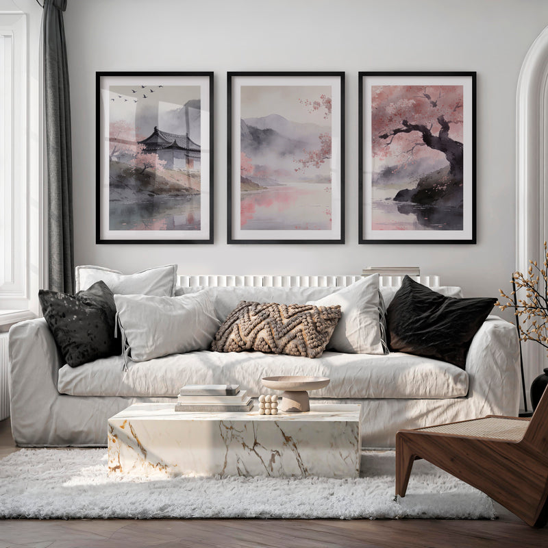 Cherry Blossom Pavilion japandi interior - Black Framed Poster with White Border - Artworksets