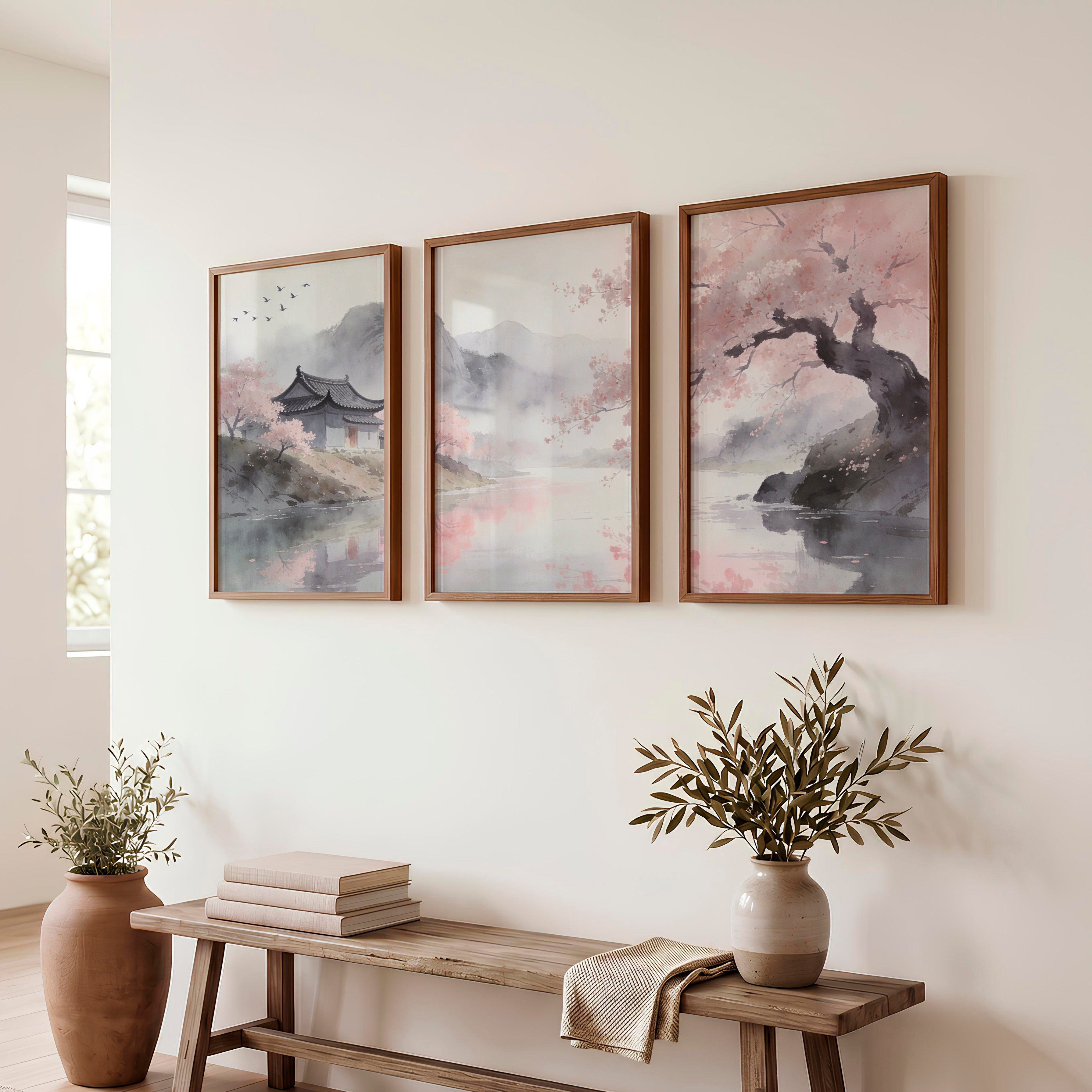 Cherry Blossom Pavilion japandi interior - Dark Brown Framed Poster No Border - Artworksets
