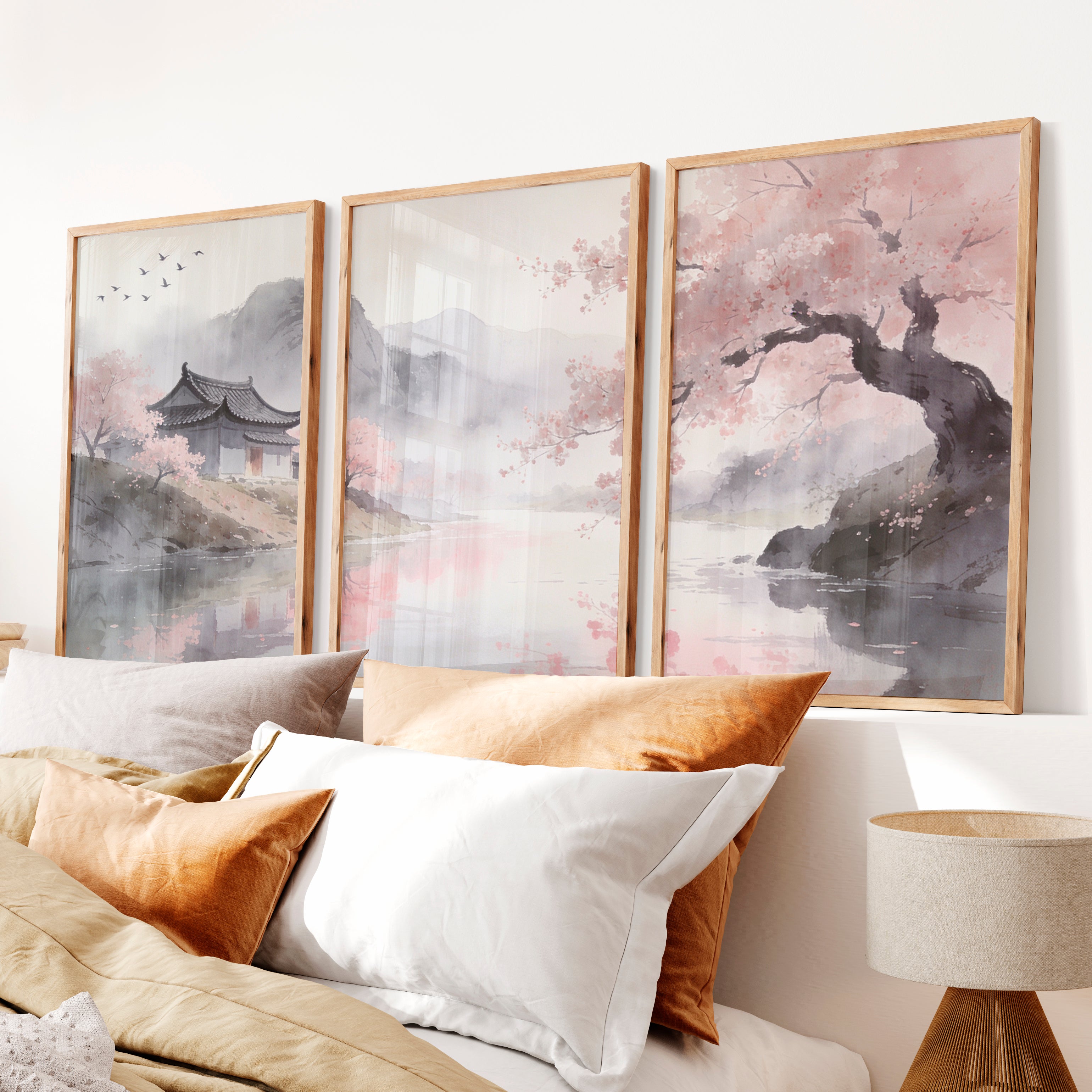 Cherry Blossom Pavilion japandi interior - Natural Wood Framed Poster No Border - Artworksets