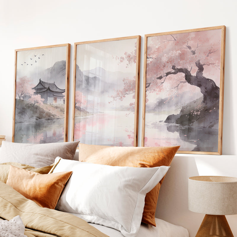 Cherry Blossom Pavilion japandi interior - Natural Wood Framed Poster No Border - Artworksets