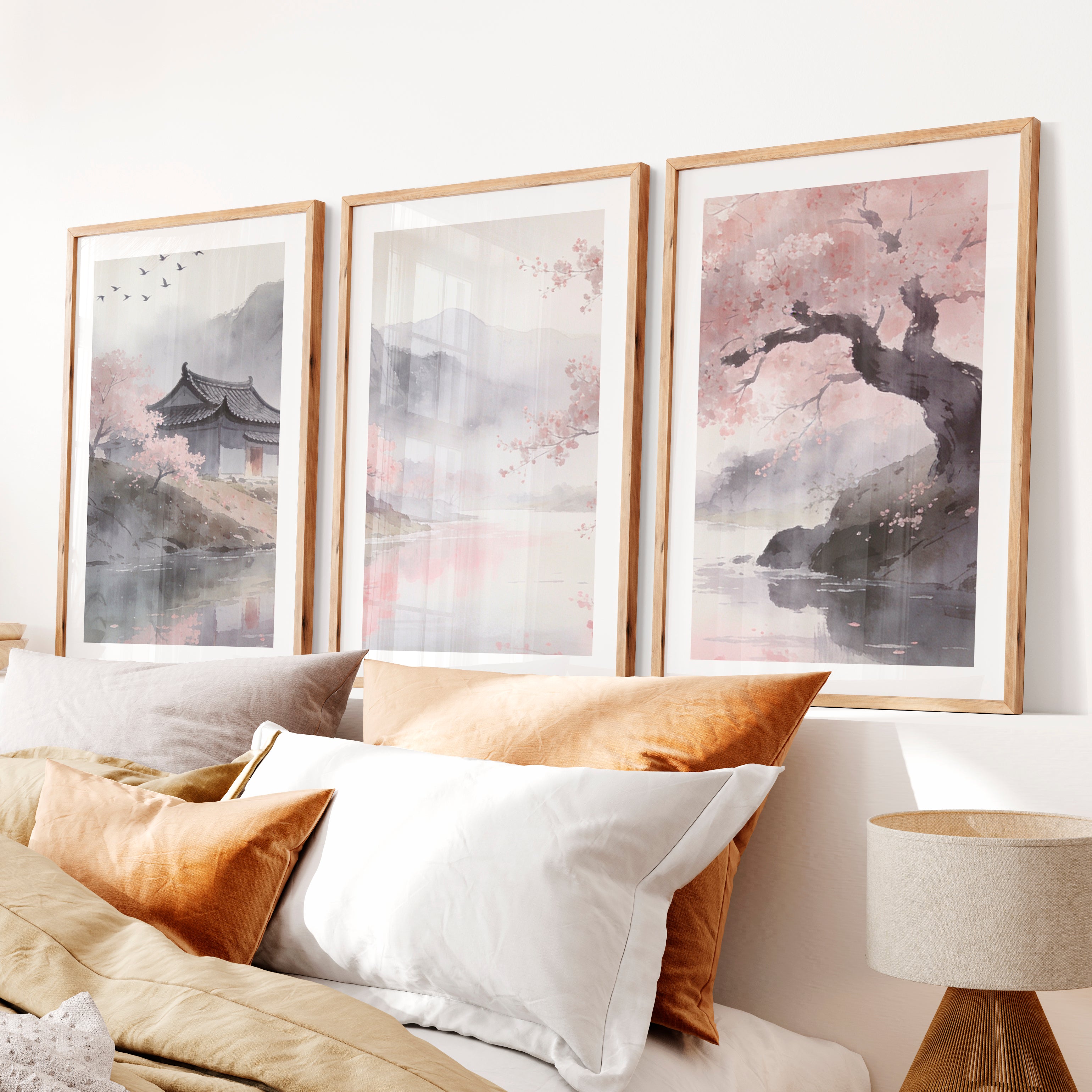 Cherry Blossom Pavilion japandi interior- Natural Wood Framed Poster with White Border - Artworksets