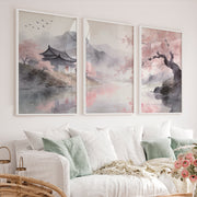 Cherry Blossom Pavilion japandi interior - White Framed Poster No Border - Artworksets