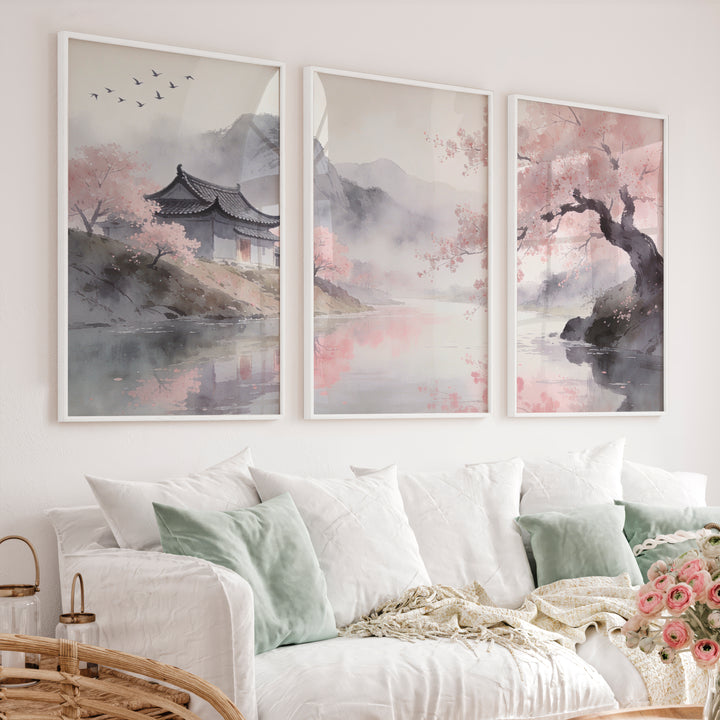 Cherry Blossom Pavilion japandi interior - White Framed Poster No Border - Artworksets