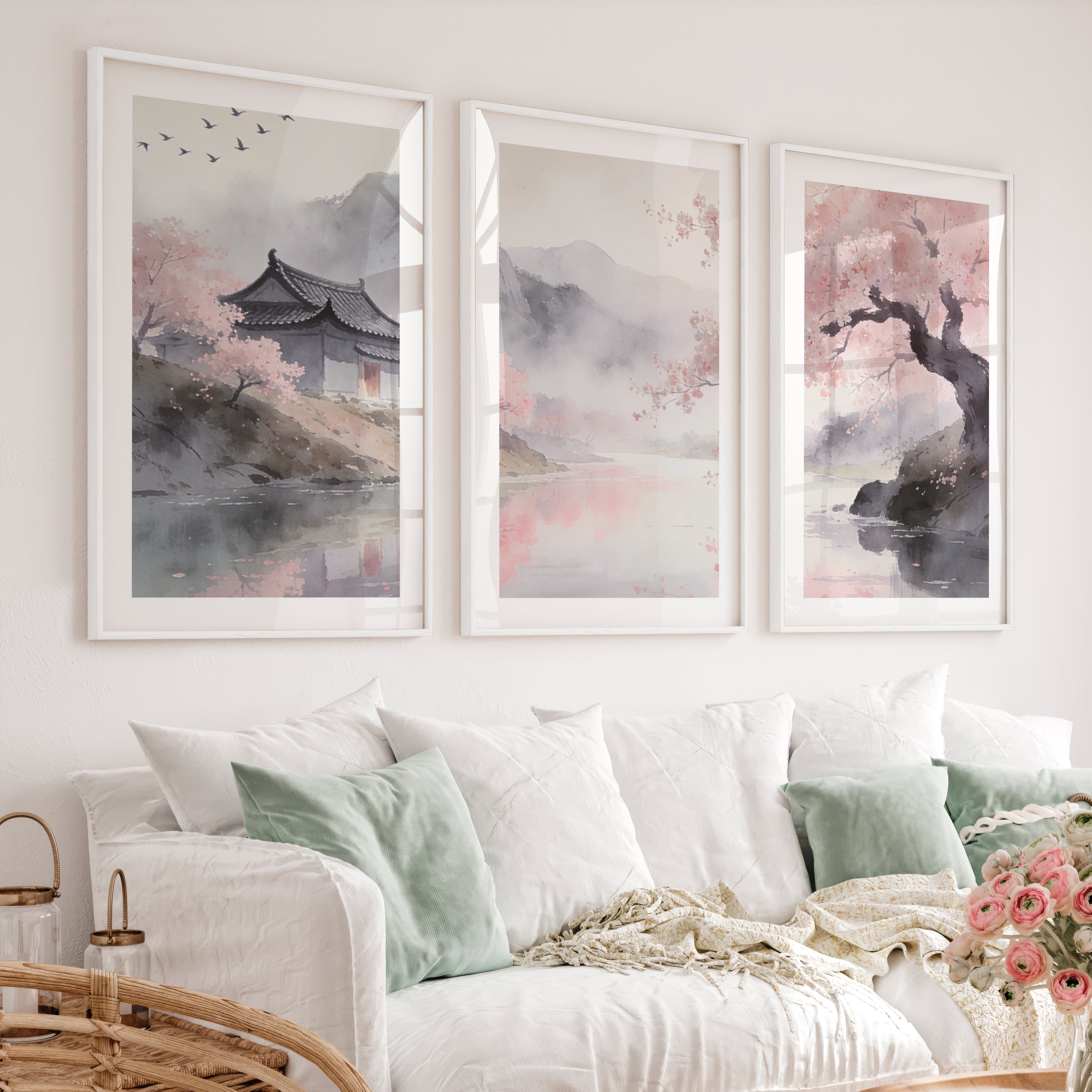 Cherry Blossom Pavilion japandi interior - White Framed Poster with White Border - Artworksets