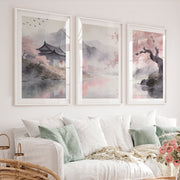 Cherry Blossom Pavilion japandi interior - White Framed Poster with White Border - Artworksets