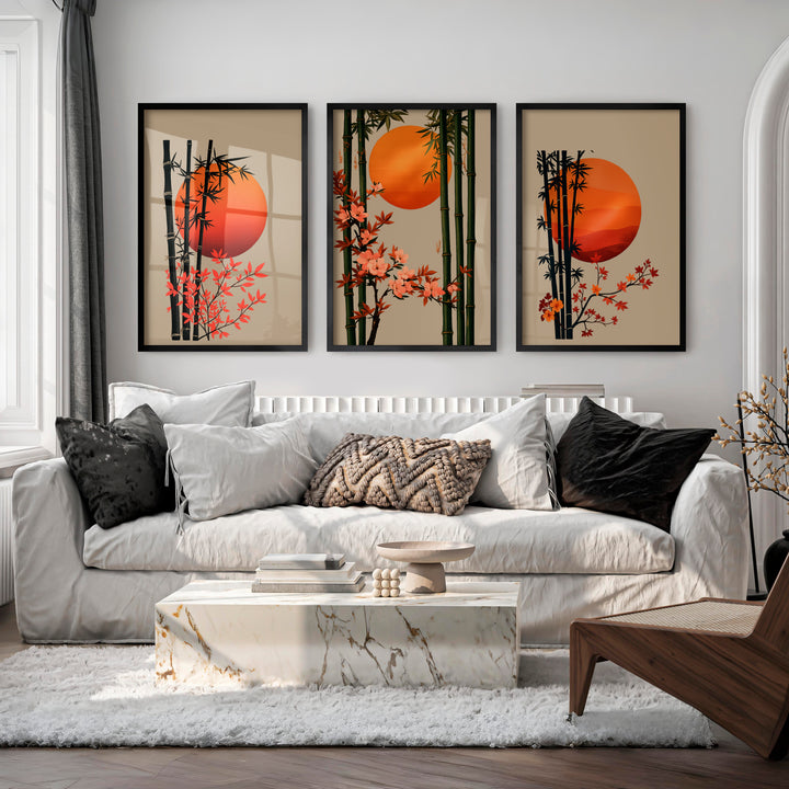 Bamboo Blossom Panels for japandi interior design - Black Framed Poster No Border - Artworksets