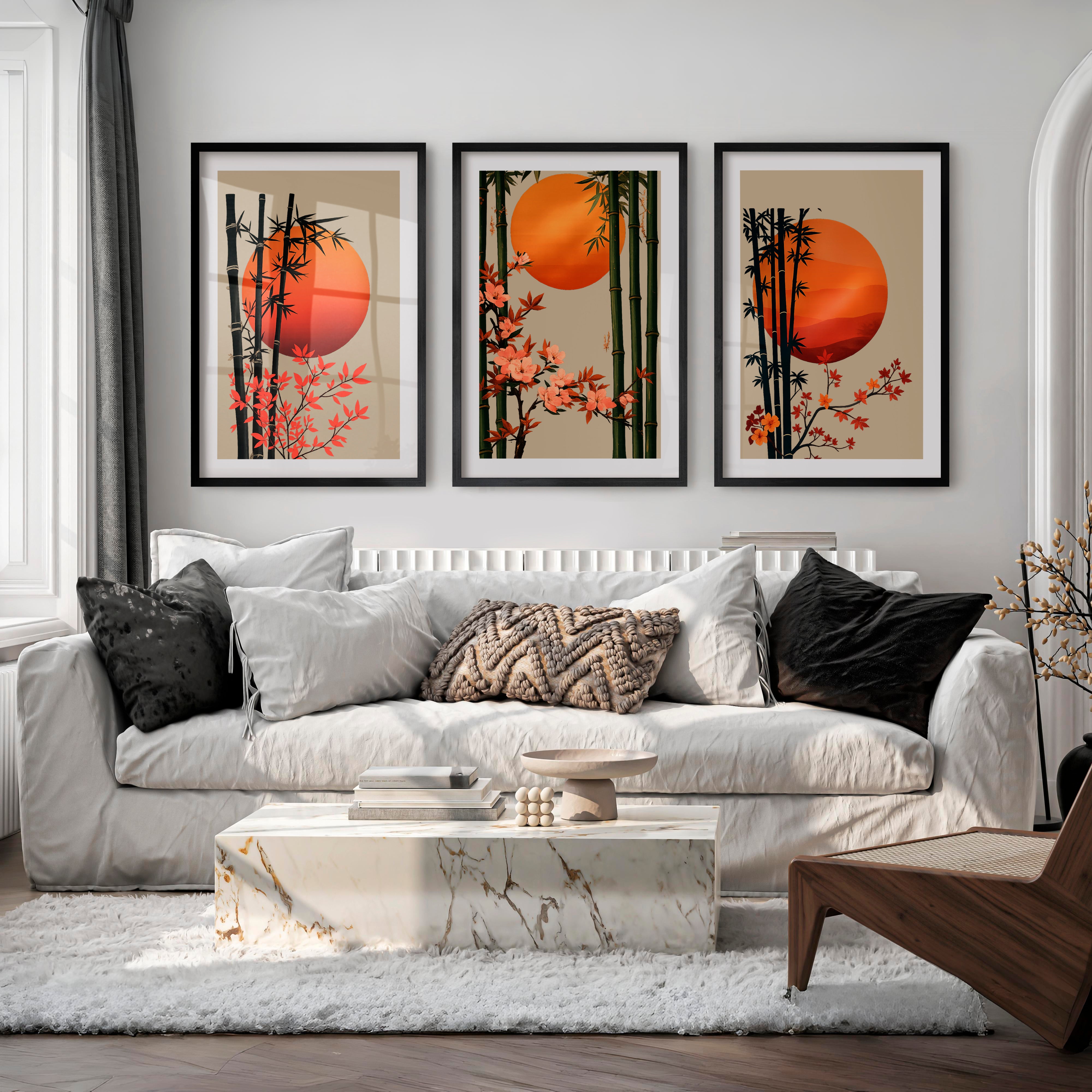 Bamboo Blossom Panels for japandi interior design - Black Framed Poster with White Border - Artworksets
