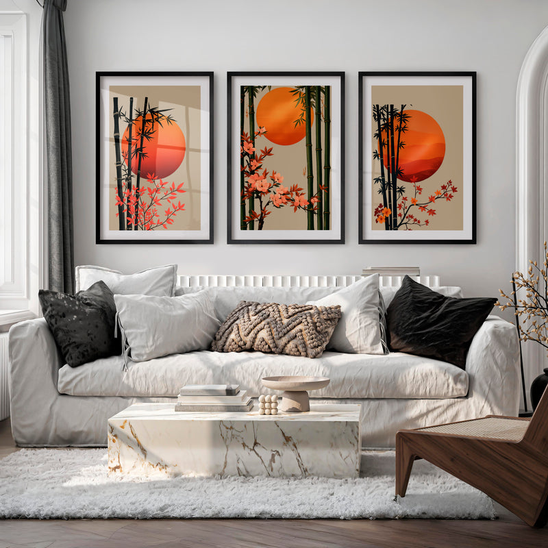 Bamboo Blossom Panels for japandi interior design - Black Framed Poster with White Border - Artworksets