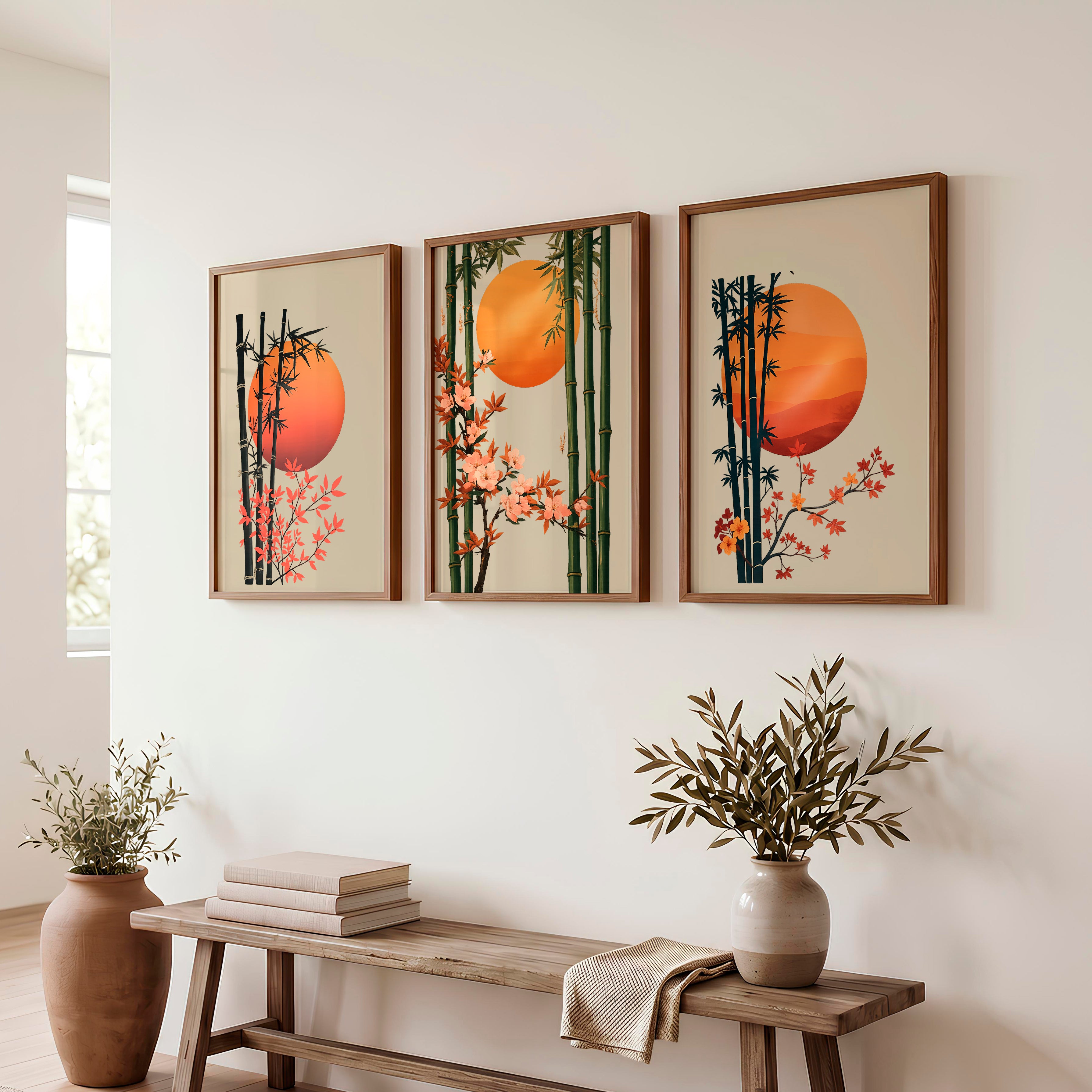 Bamboo Blossom Panels for japandi interior design - Dark Brown Framed Poster No Border - Artworksets