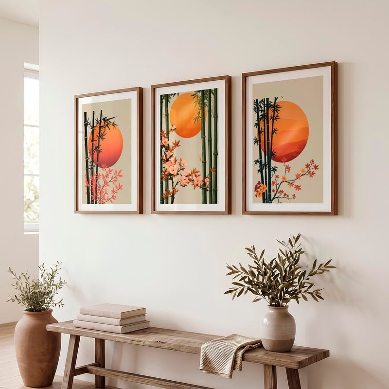 Bamboo Blossom Panels for japandi interior design - Dark Brown Framed Poster with White Border - Artworksets