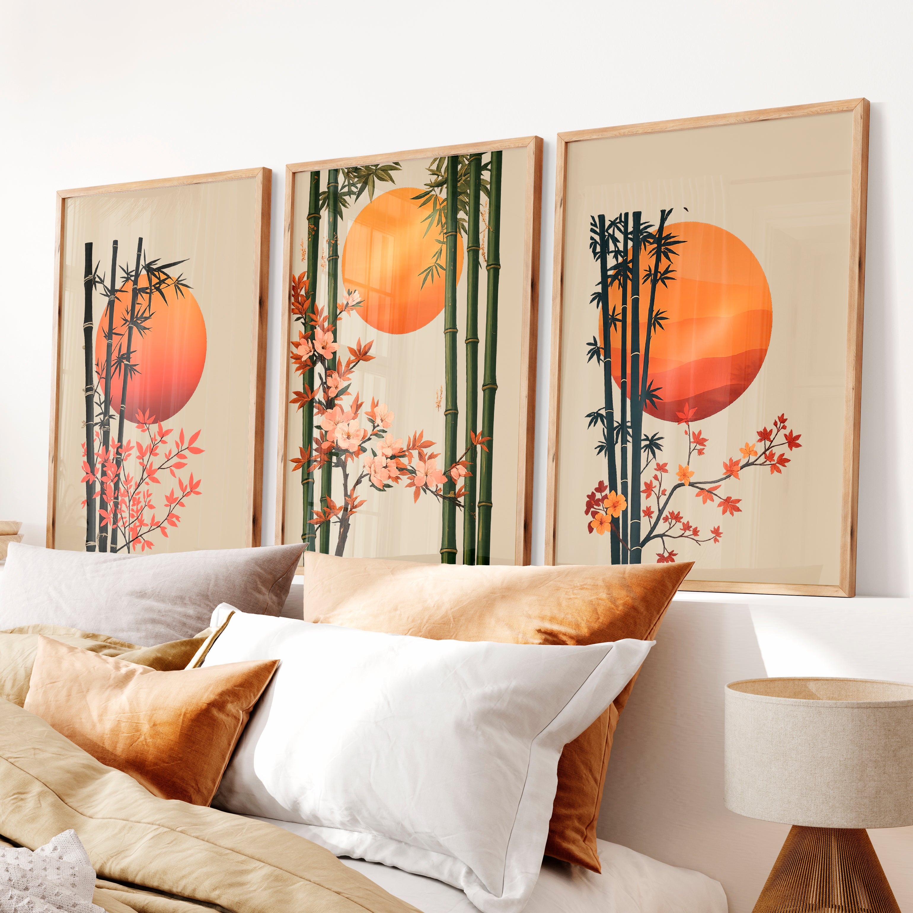 Bamboo Blossom Panels for japandi interior design - Natural Wood Framed Poster No Border - Artworksets