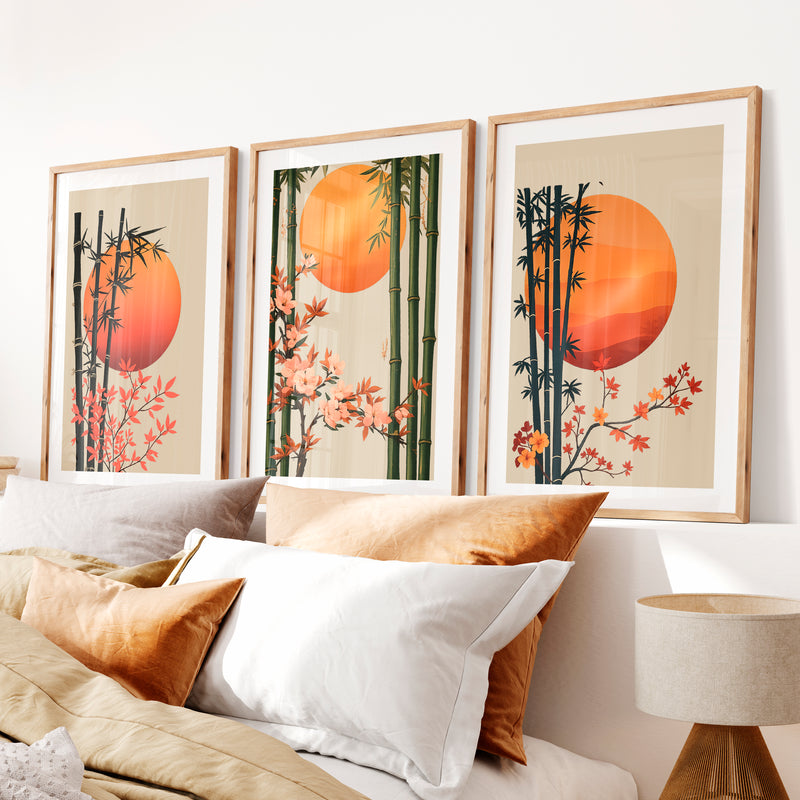 Bamboo Blossom Panels for japandi interior design- Natural Wood Framed Poster with White Border - Artworksets