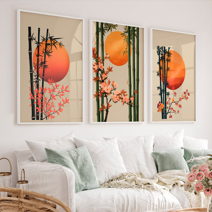 Bamboo Blossom Panels for japandi interior design - White Framed Poster No Border - Artworksets