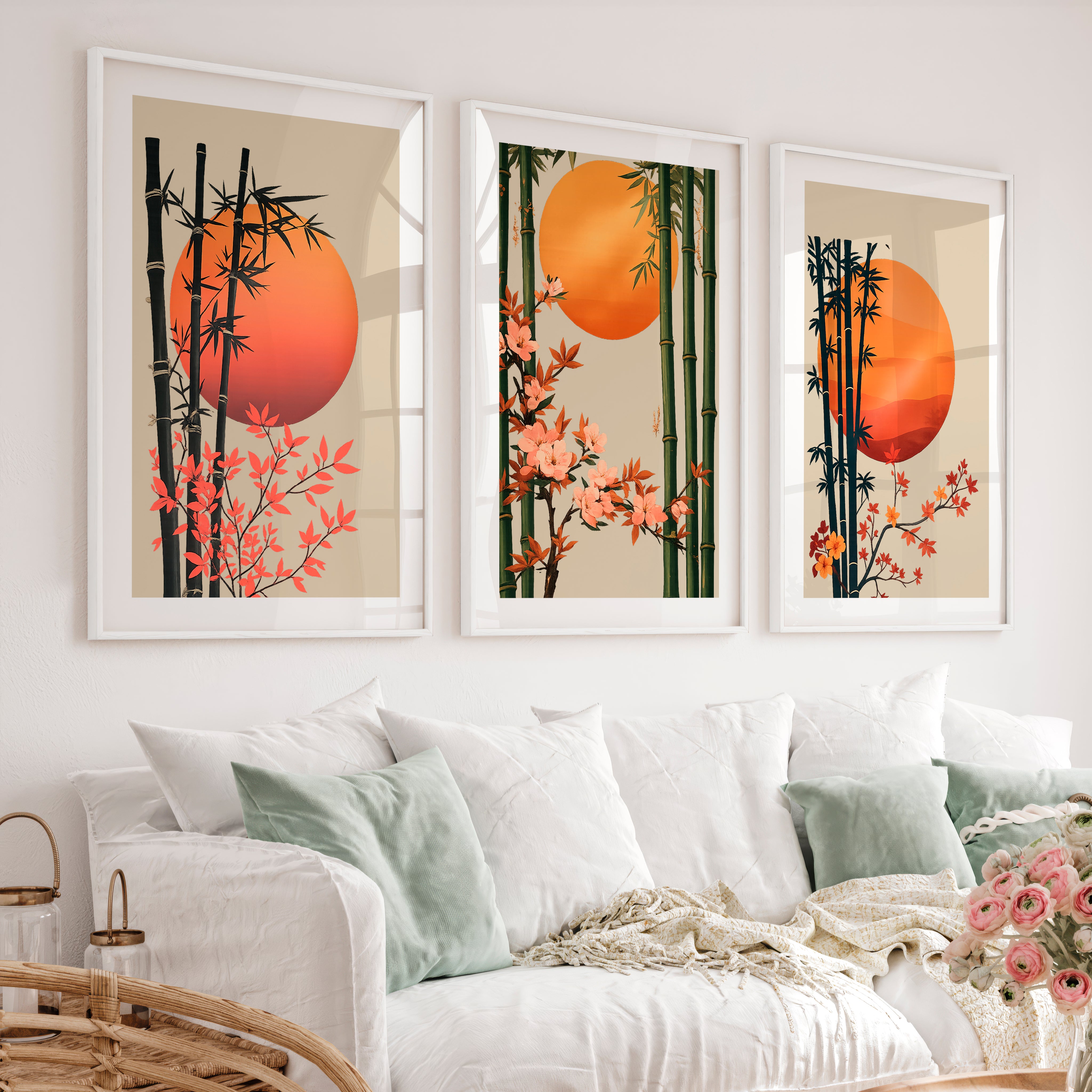 Bamboo Blossom Panels for japandi interior design - White Framed Poster with White Border - Artworksets