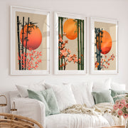 Bamboo Blossom Panels for japandi interior design - White Framed Poster with White Border - Artworksets