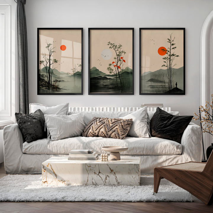 Misty Mountain Landscape for japandi interior design - Black Framed Poster No Border - Artworksets