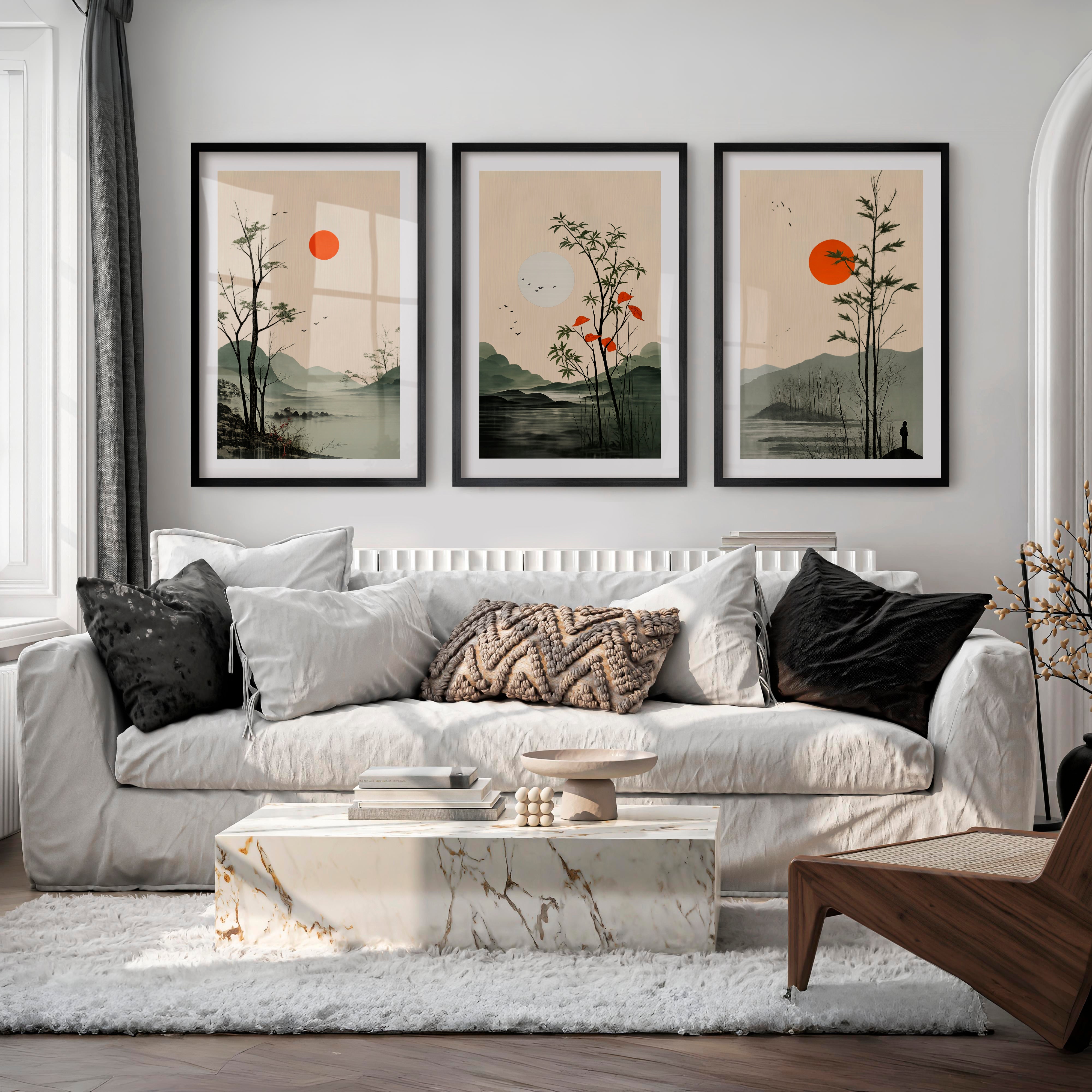 Misty Mountain Landscape for japandi interior design - Black Framed Poster with White Border - Artworksets