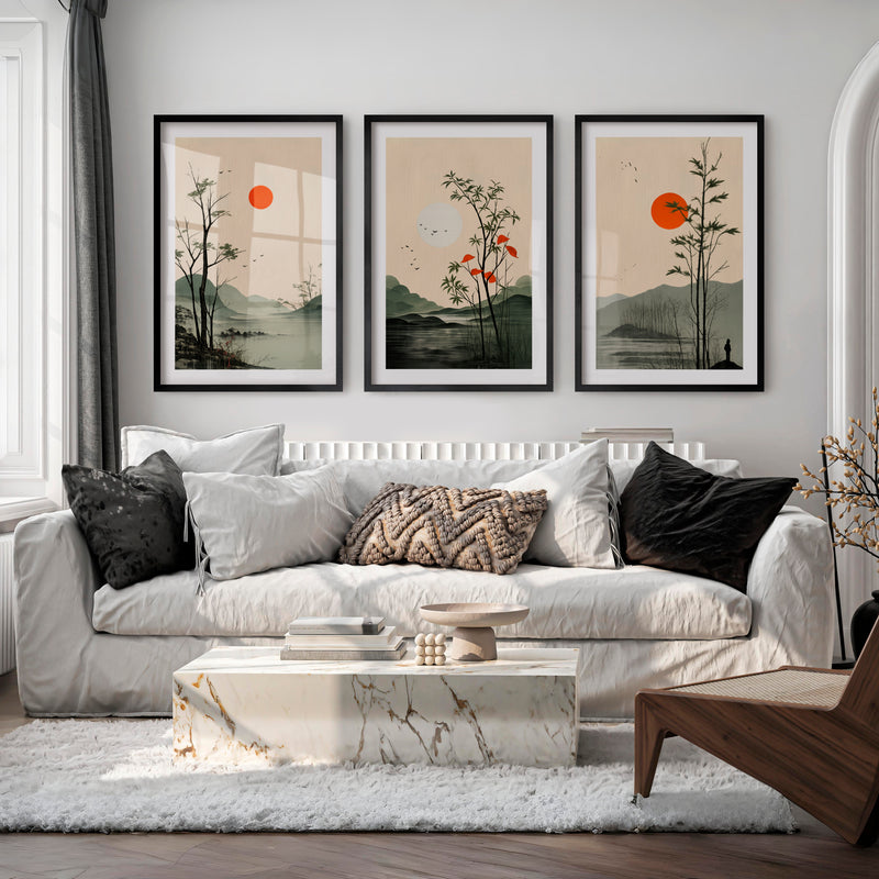 Misty Mountain Landscape for japandi interior design - Black Framed Poster with White Border - Artworksets