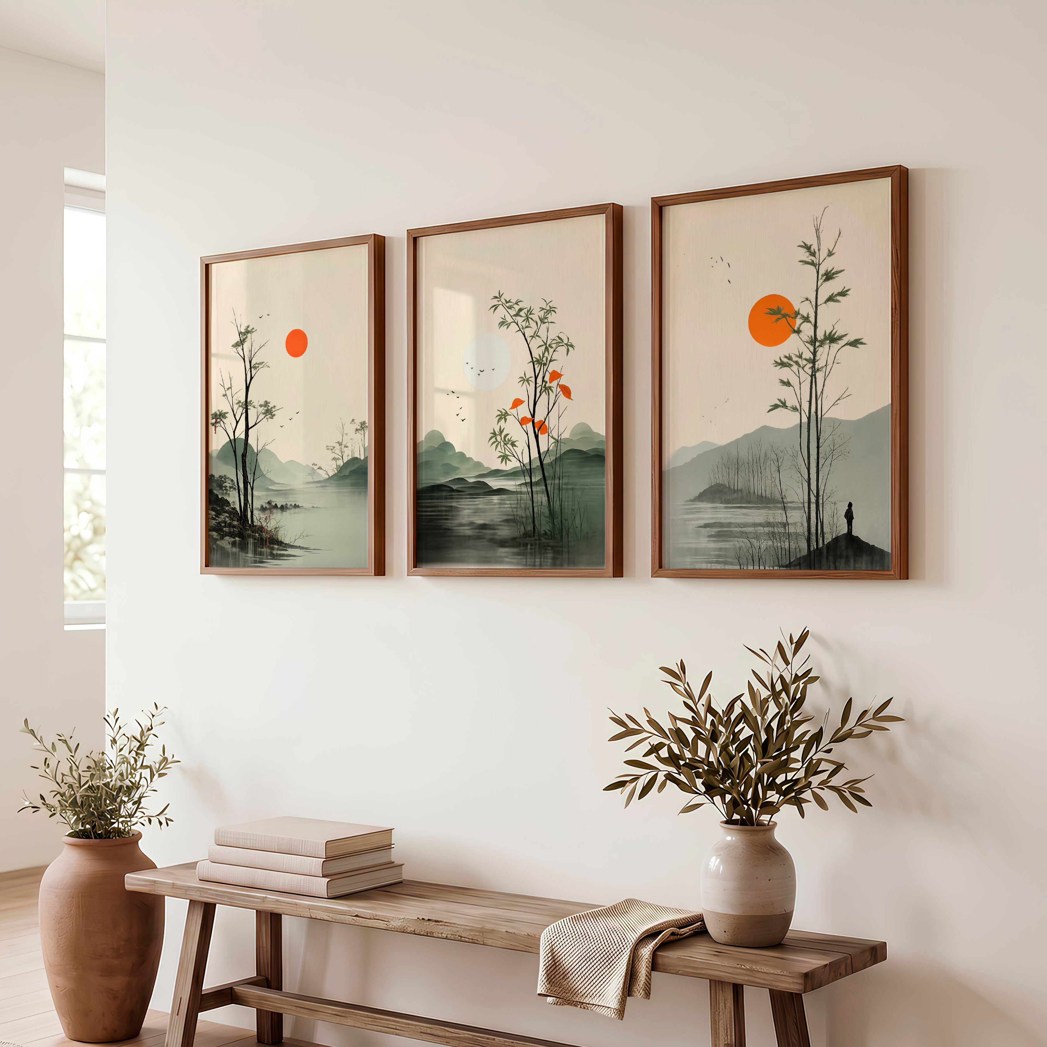 Misty Mountain Landscape for japandi interior design - Dark Brown Framed Poster No Border - Artworksets