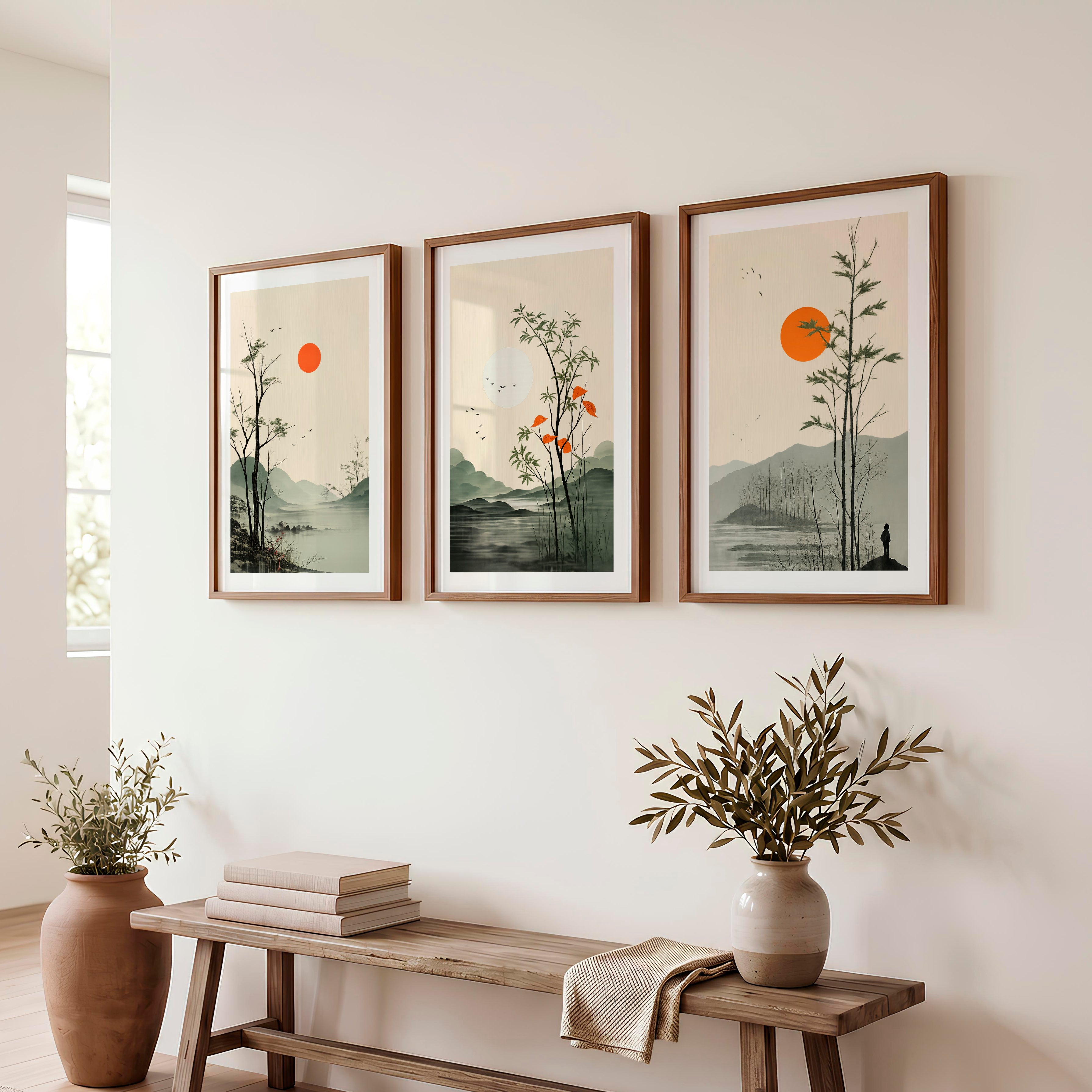 Misty Mountain Landscape for japandi interior design - Dark Brown Framed Poster with White Border - Artworksets