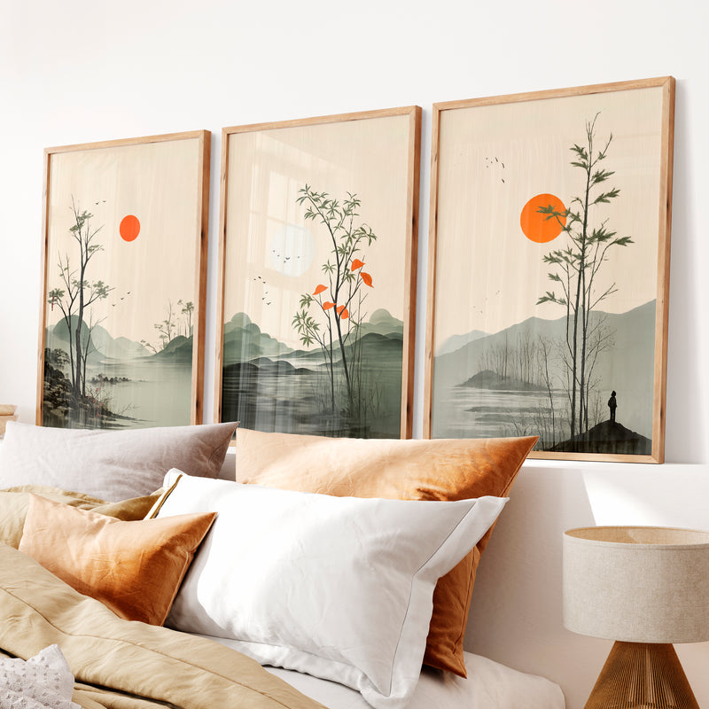 Misty Mountain Landscape for japandi interior design - Natural Wood Framed Poster No Border - Artworksets